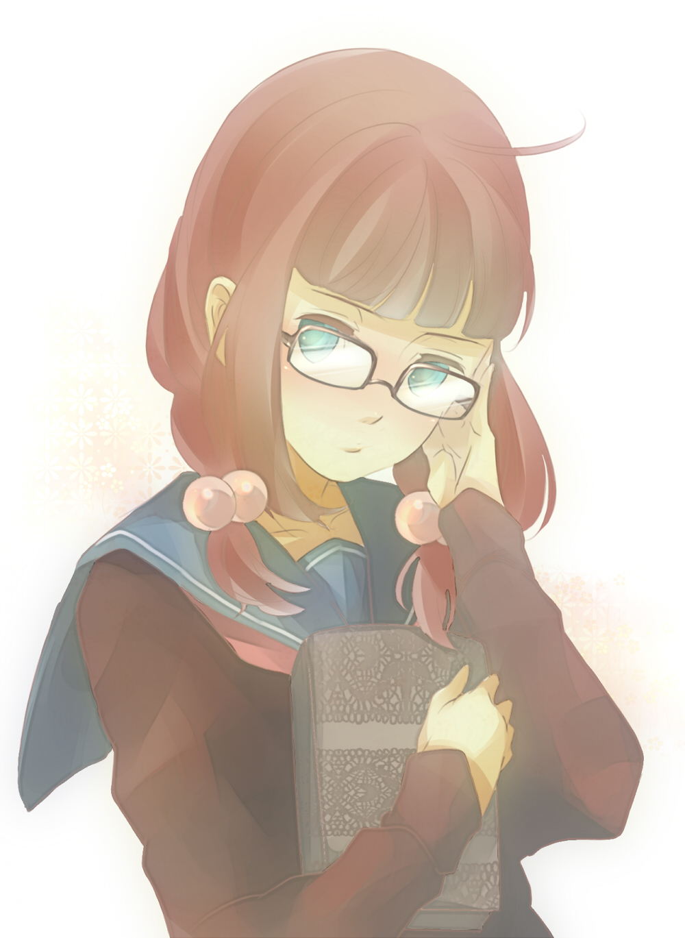 pekoo (pekota), ushiromiya ange, umineko no naku koro ni, highres, 1girl, alternate hairstyle, blue eyes, book, female focus, glasses, hair bobbles, hair ornament, red hair, school uniform, solo