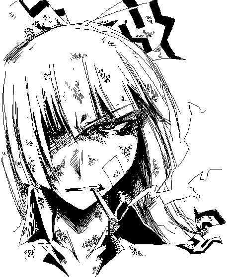 hetza (hellshock), fujiwara no mokou, touhou, 1girl, bow, cigarette, female focus, glaring, greyscale, hair bow, hair over one eye, monochrome, oekaki, portrait, smoking, solo