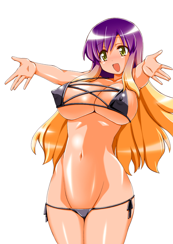 espanya, hijiri byakuren, touhou, bad id, bad pixiv id, 1girl, bikini, breasts, covered erect nipples, curvy, facing viewer, female focus, gradient hair, green eyes, groin, happy, huge breasts, legs together, long hair, looking at viewer, lowleg, lowleg bikini, micro bikini, multicolored hair, navel, nipples, purple hair, reaching, reaching towards viewer, side-tie bikini bottom, simple background, smile, solo, swimsuit, white background, yellow eyes