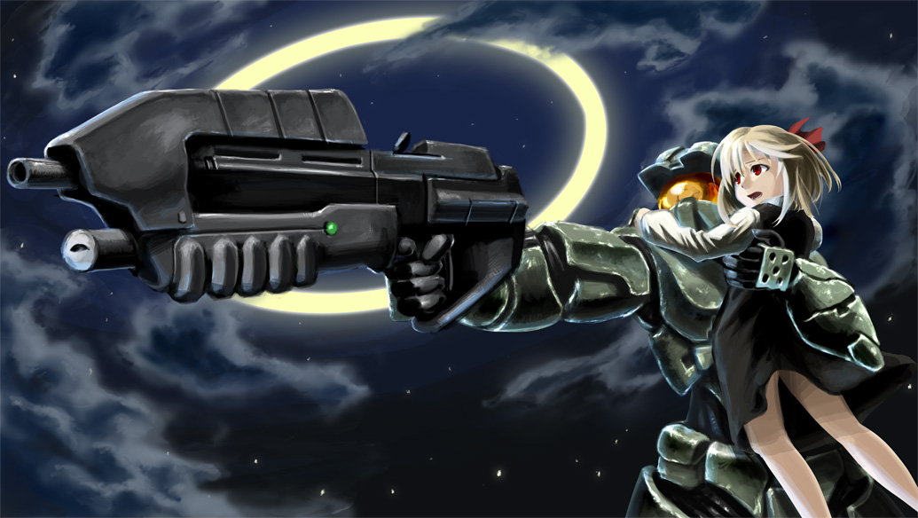 hetza (hellshock), master chief, rumia, appleseed, embodiment of scarlet devil, halo (game), halo (series), touhou, 1boy, 1girl, assault rifle, blonde hair, bullpup, crossover, gun, halo, parody, red eyes, rifle, short hair, size difference, weapon