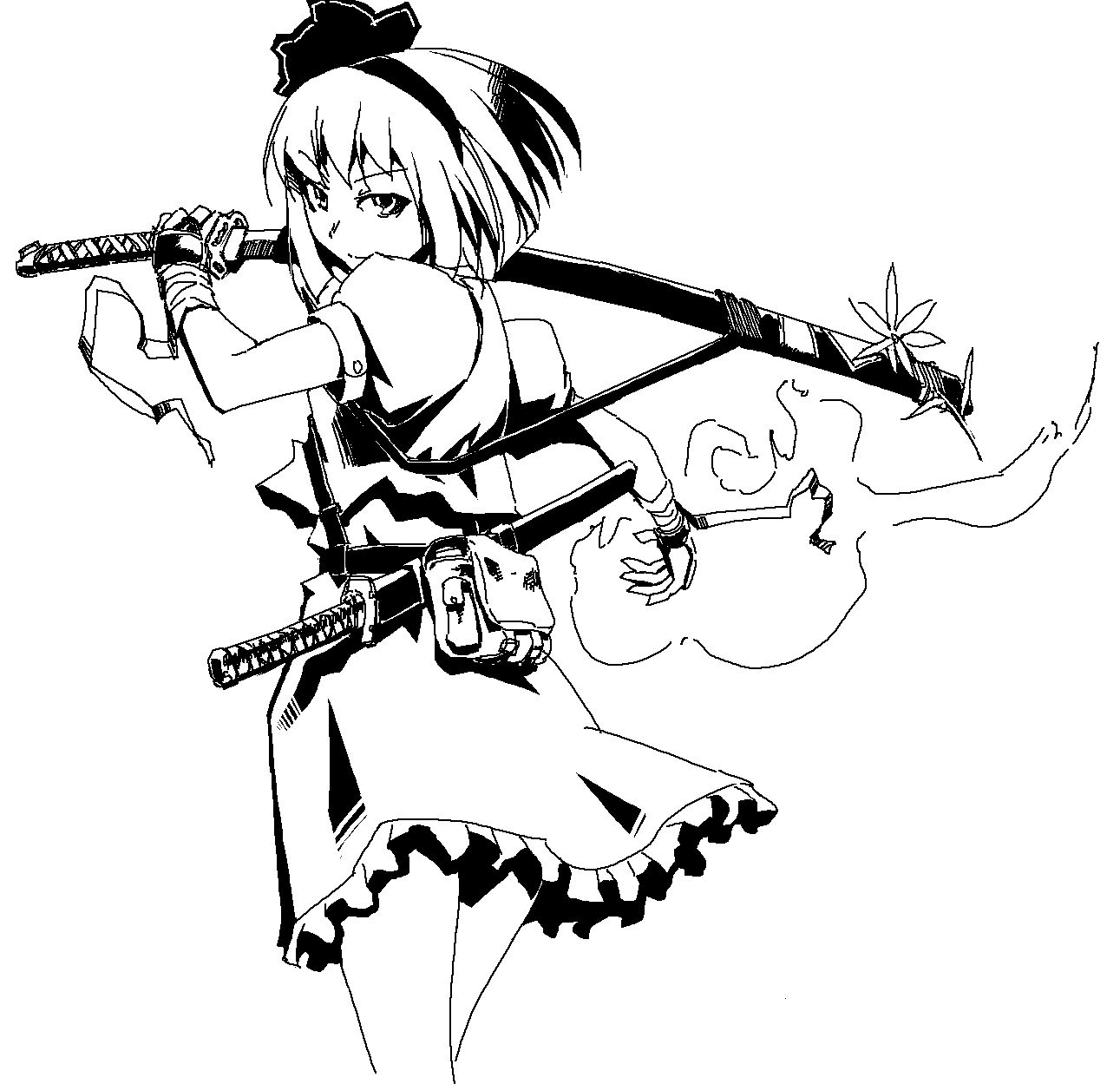 hetza (hellshock), konpaku youmu, konpaku youmu (ghost), touhou, highres, 1girl, female focus, flower, greyscale, hairband, hitodama, katana, monochrome, oekaki, sheath, sheathed, short hair, solo, sword, unsheathing, weapon