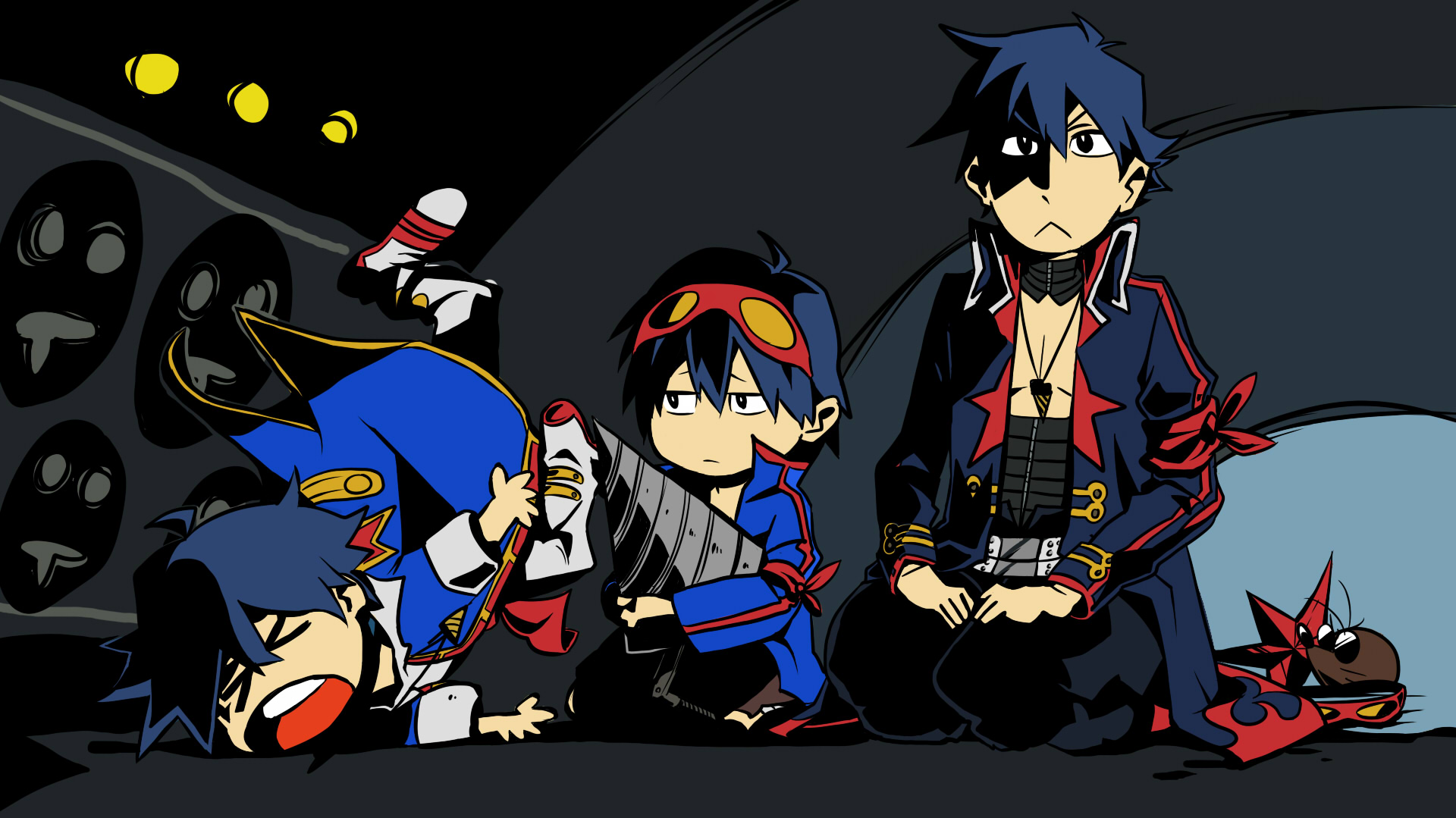 antispiral, boota (ttgl), simon (ttgl), tengen toppa gurren lagann, bad id, bad pixiv id, highres, > <, 00s, 3boys, chibi, closed eyes, drill, goggles, male focus, multiple boys, sitting, time paradox, tripping
