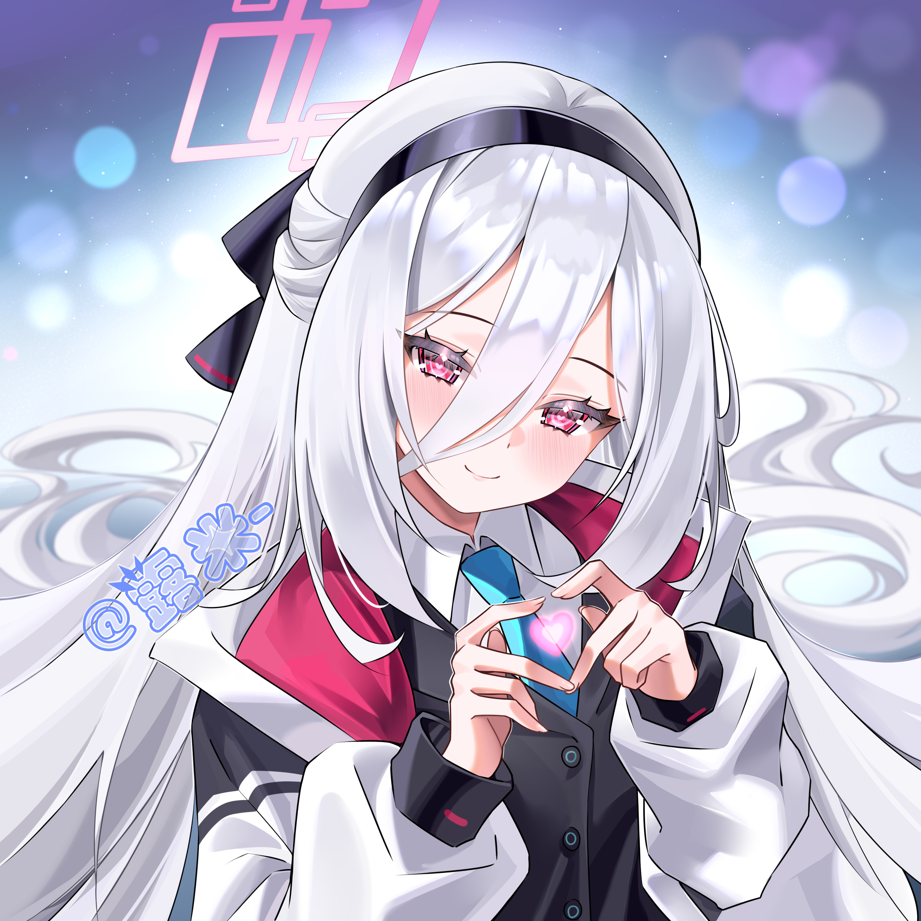 qiye jiexian, kei (blue archive), kei (new body) (blue archive), blue archive, absurdres, commentary, highres, 1girl, black hairband, black ribbon, blue necktie, double-parted bangs, hair between eyes, hair ribbon, hairband, halo, heart, heart-shaped pupils, heart hands, jacket, long hair, long hair between eyes, looking at viewer, necktie, pink eyes, pink halo, rectangular halo, ribbon, ringed eyes, shirt, smile, solo, symbol-shaped pupils, very long hair, white hair, white jacket, white shirt
