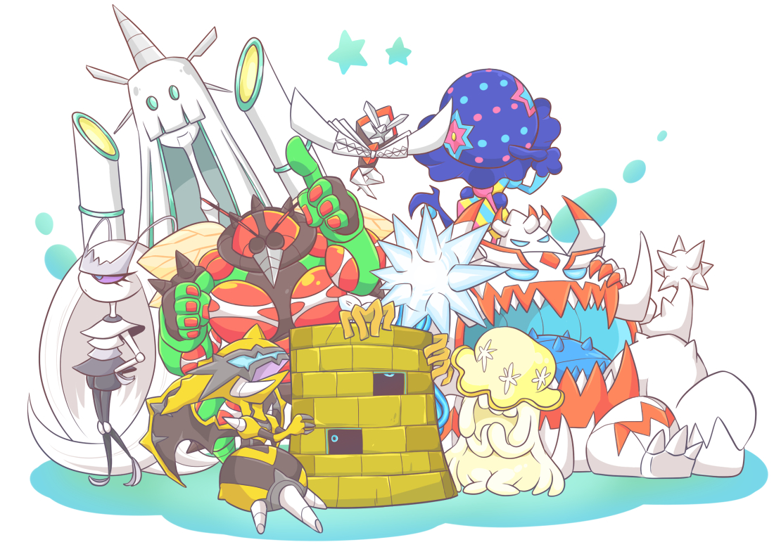 atusix, blacephalon, buzzwole, celesteela, guzzlord, kartana, naganadel, nihilego, pheromosa, stakataka, xurkitree, nintendo, pokemon, commentary request, alternate color, closed mouth, eyelashes, floating, gen 7 pokemon, hand on own hip, index finger raised, open mouth, pokemon (creature), pokemon focus, shiny pokemon, spikes, standing, star (symbol), tentacles, ultra beast, white background
