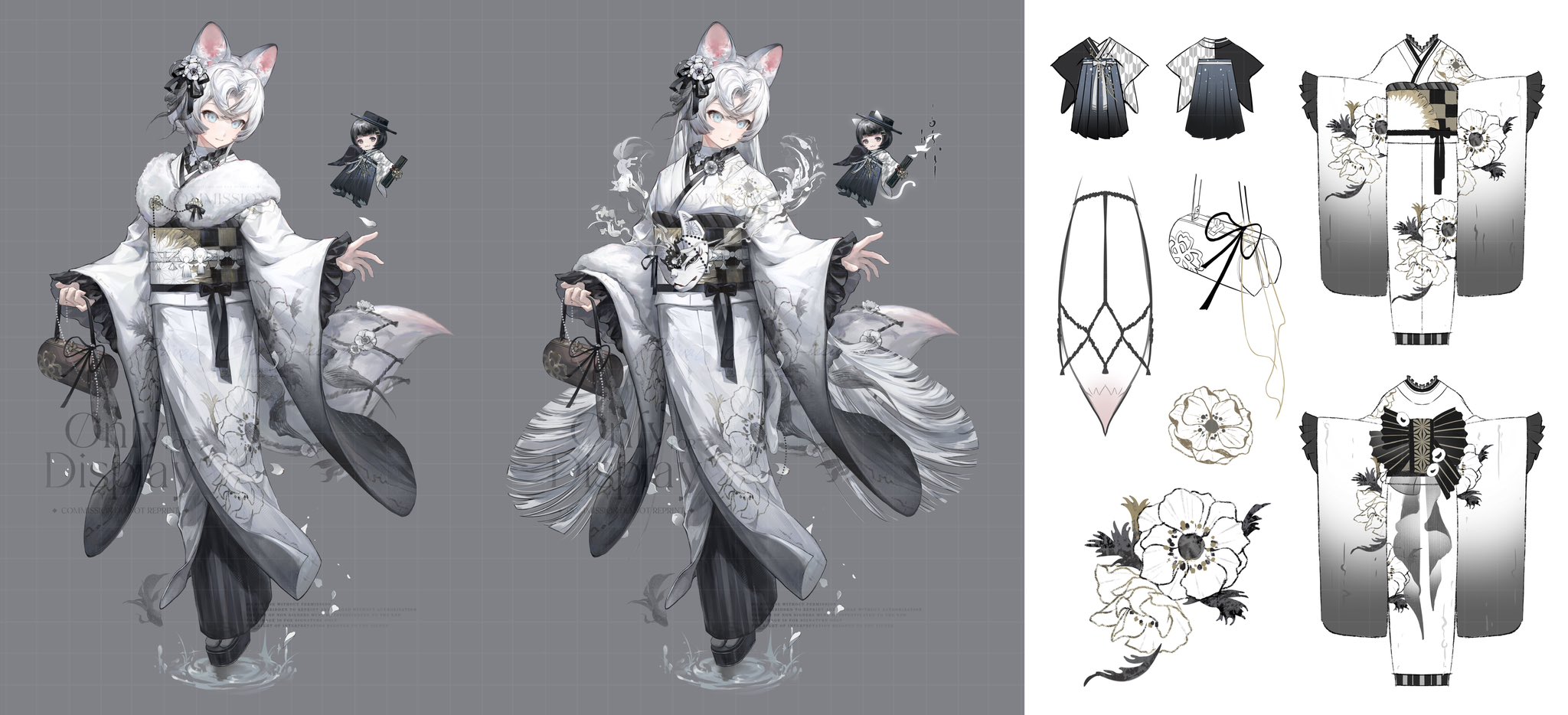 original, character request, commentary, copyright request, highres, 1girl, animal ear fluff, animal ears, bag, blue eyes, fish, flower, grey background, japanese clothes, kimono, looking at another, multiple views, simple background, standing, wangwanghan0723, water, white background, white hair, white kimono