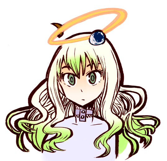 mizukami satoshi, anima (samidare), hoshi no samidare, green eyes, green hair, halo, solo, white hair