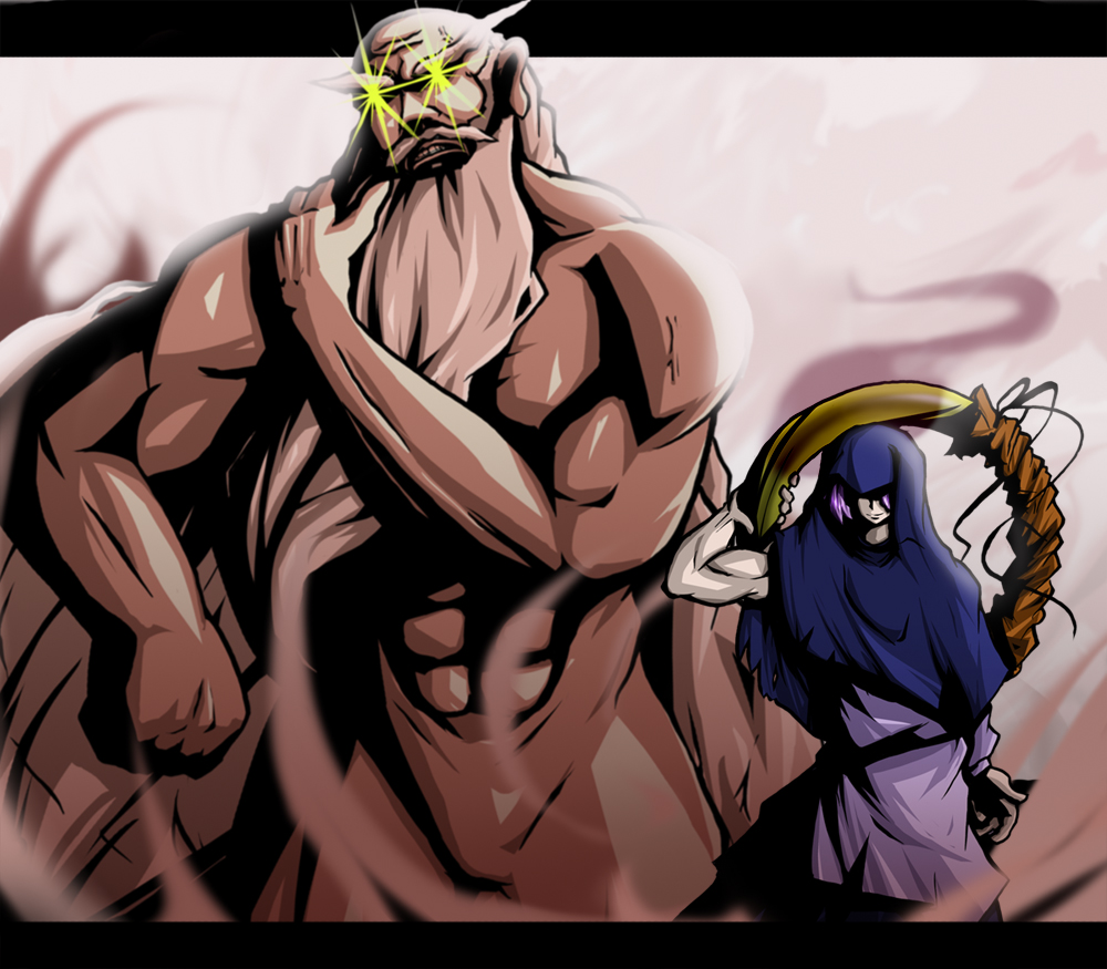 canary4, canary (artist), kumoi ichirin, unzan, touhou, gender request, 1boy, 1girl, bald, beard, facial hair, genderswap, glowing, glowing eyes, hood, letterboxed, manly, muscular, purple hair