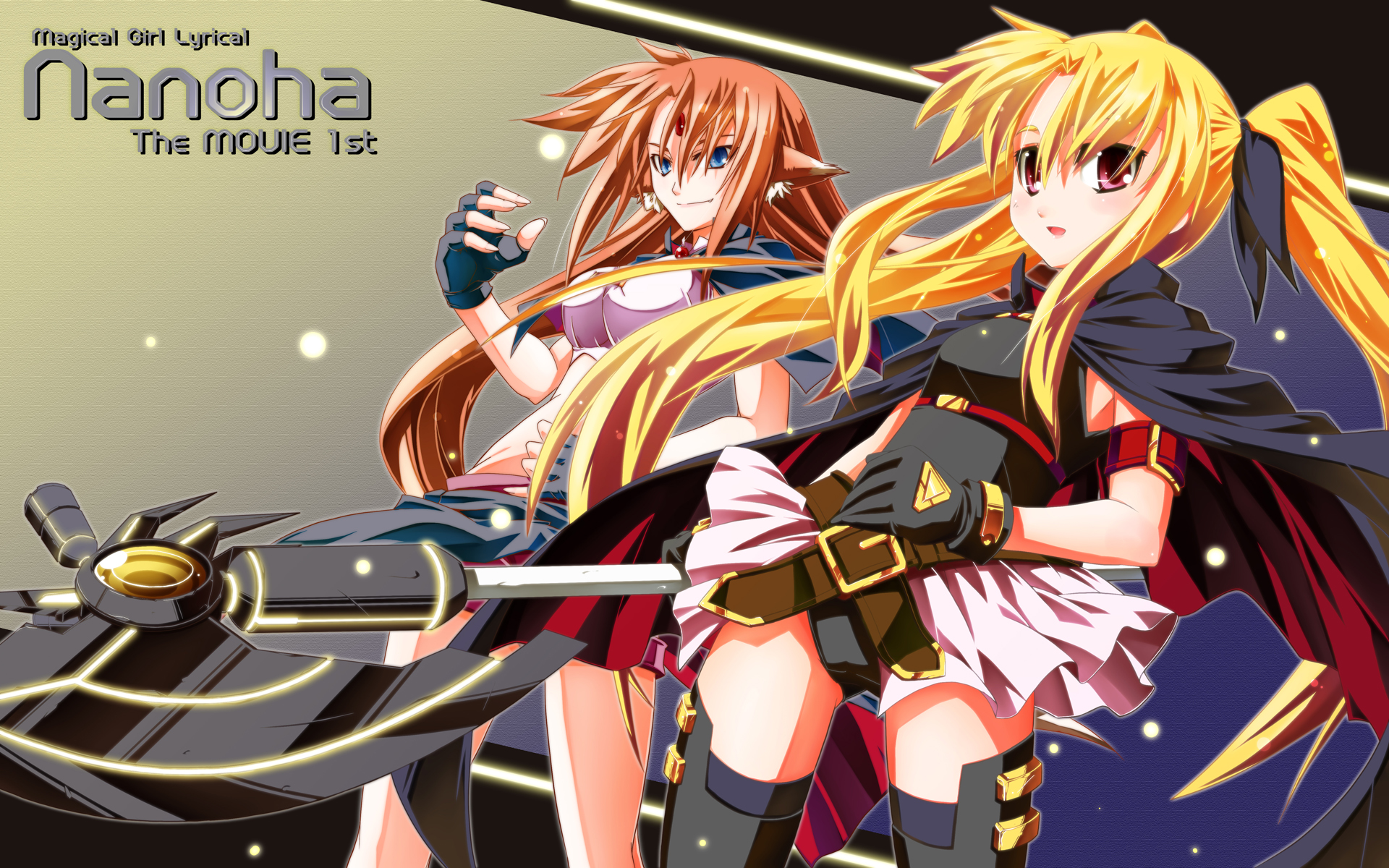 u-ka, yuuka (o.t.kingdom), arf, bardiche (axe form) (nanoha), bardiche (nanoha), fate testarossa, fate testarossa (movie 1st form), lyrical nanoha, mahou shoujo lyrical nanoha, mahou shoujo lyrical nanoha the movie 1st, highres, 10s, 2girls, animal ears, armband, belt, blonde hair, blue eyes, cape, dog ears, fingerless gloves, forehead jewel, gloves, hair ribbon, long hair, multiple girls, red eyes, red hair, ribbon, thighhighs, twintails