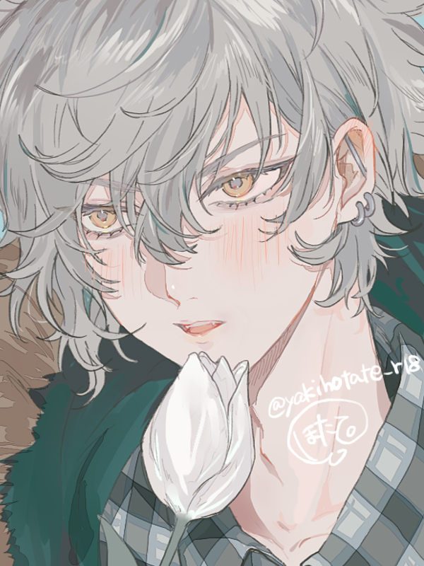 kadoc zemlupus, fate/grand order, fate (series), commentary request, 1boy, barbell piercing, blush, ear piercing, flower, grey hair, hair between eyes, industrial piercing, male focus, multiple piercings, open mouth, piercing, portrait, shirt, short hair, solo, white flower, yakihotate r18, yellow eyes