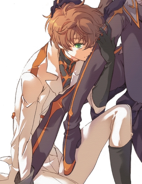 kururugi suzaku, lelouch vi britannia, zero (code geass), code geass, uniform, 2boys, brown hair, curly hair, green eyes, male focus, multiple boys, white background, yaoi