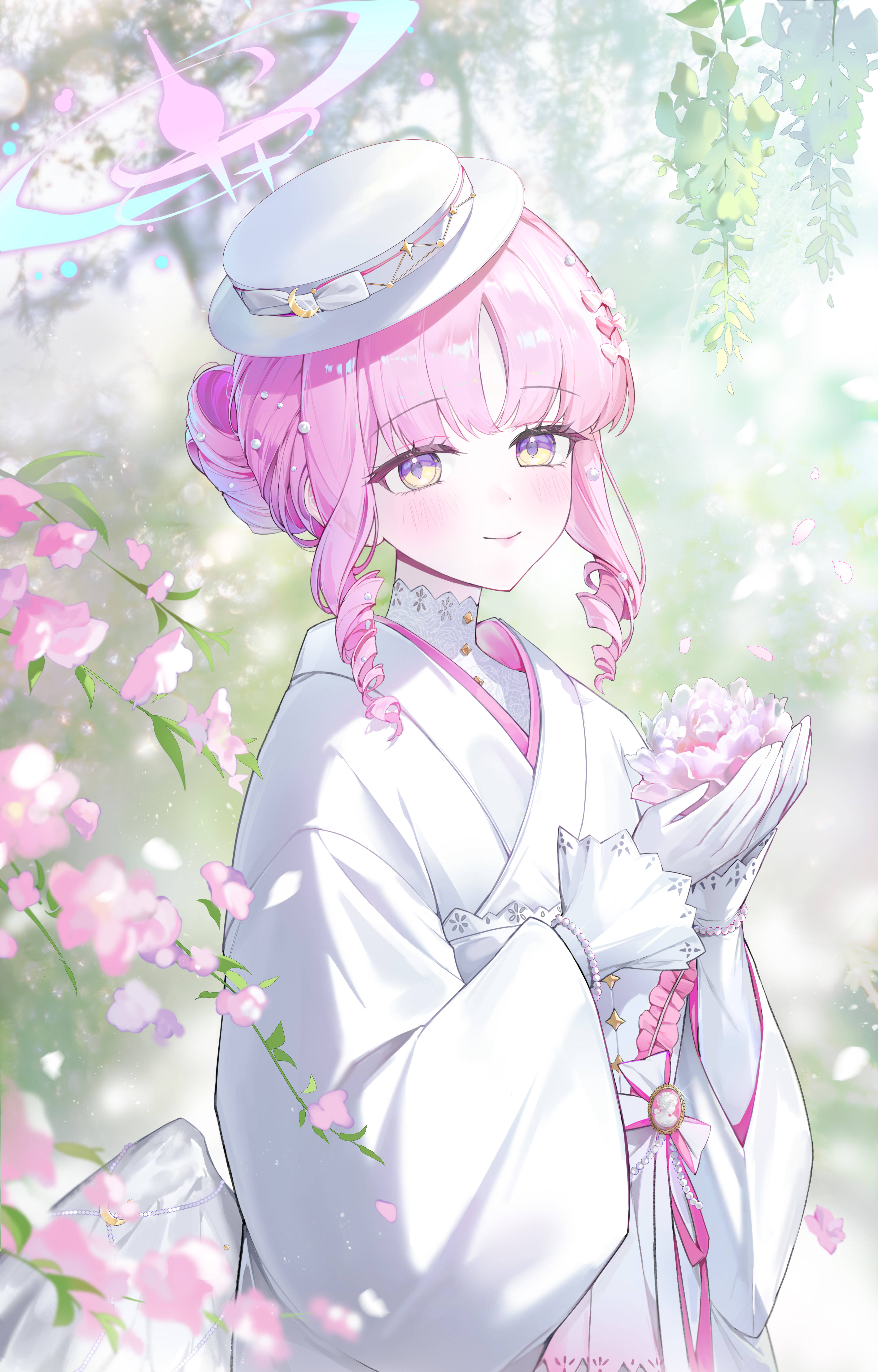 jogabi, mika (blue archive), blue archive, absurdres, commentary, highres, 1girl, closed mouth, corset, feathered wings, flower, hair bun, halo, hat, holding, holding flower, japanese clothes, kimono, looking at viewer, mika (new year) (blue archive), official alternate costume, official alternate hairstyle, pink flower, pink hair, purple halo, smile, solo, white corset, white hat, white kimono, white wings, wings, yellow eyes