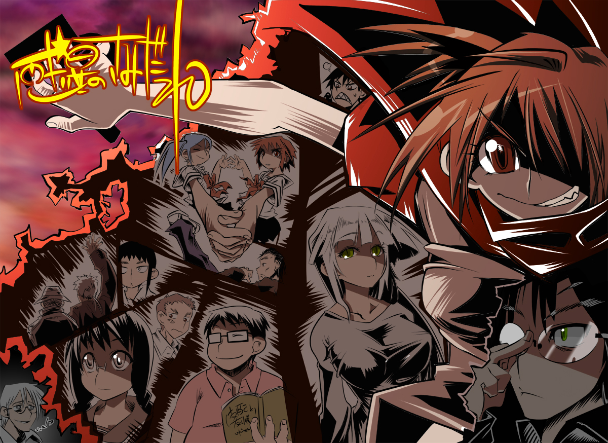 miyamoto takashi, akane taiyou, akitani inachika, amamiya yuuhi, anima (samidare), asahina samidare, hakudou yayoi, hoshikawa subaru (samidare), kiru sonne, kusakabe tarou, lance lumiere, lee soleil, nagumo souichirou, ron yue, shea moon, shimaki hyou, shinonome hangetsu, shinonome mikazuki, sorano hanako, tsukishiro yukimachi, zan amaru, hoshi no samidare, 5girls, 6+boys, adjusting eyewear, arm up, blue hair, book, breasts, brown eyes, brown hair, cape, closed eyes, everyone, glasses, green eyes, grin, hammer, holding, holding book, holding hands, long hair, multiple boys, multiple girls, red cape, school uniform, shaded face, sharp teeth, short hair, skirt, smile, teeth, white hair