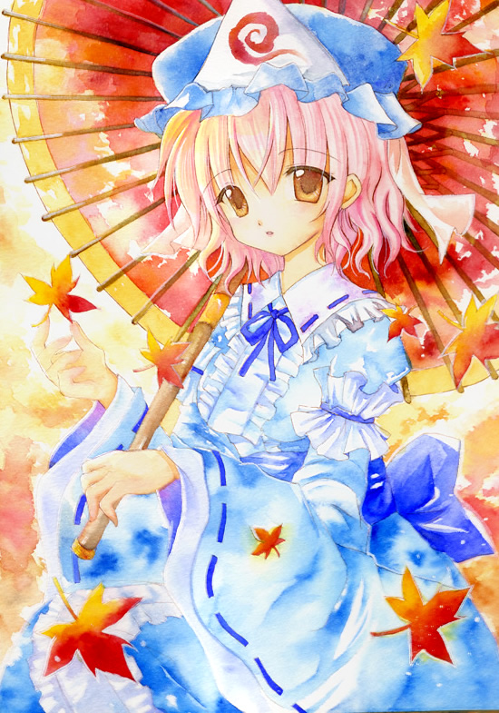 shie (ten-gai), saigyouji yuyuko, touhou, 1girl, female focus, hat, leaf, oil-paper umbrella, pink hair, solo, umbrella