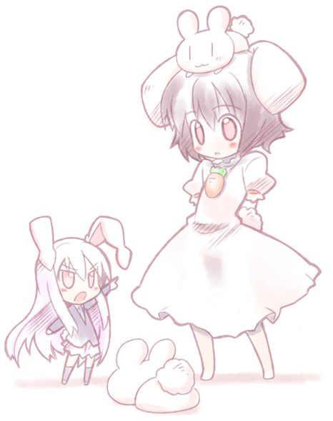arata toshihira, inaba mob (touhou), inaba tewi, reisen udongein inaba, touhou, 2girls, :3, animal ears, black hair, blazer, dress, female focus, jacket, long hair, mini person, minigirl, multiple girls, pale color, purple hair, rabbit, rabbit ears, short hair, skirt, white background, | |