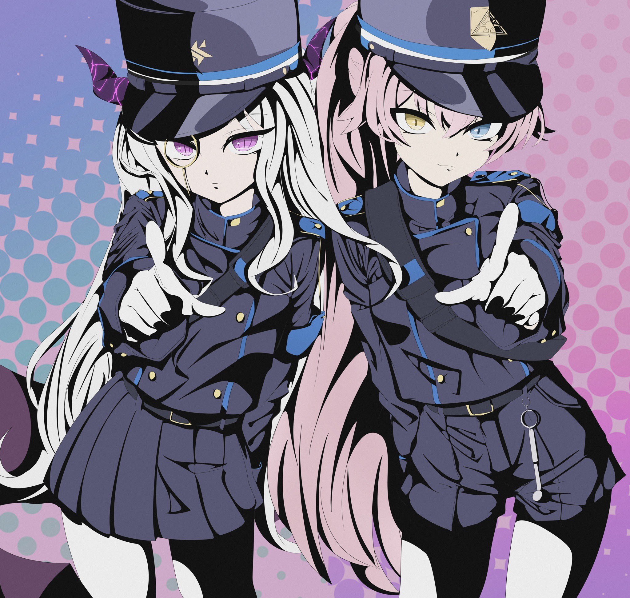 uirou (uirou2024), hikari (blue archive), hina (blue archive), hoshino (blue archive), nozomi (blue archive), blue archive, commentary request, highres, mixed-language commentary, multilingual commentary, 2girls, alternate costume, armband, belt, black belt, black jacket, black shorts, black skirt, blue armband, blue eyes, blue hat, blue trim, buttons, cosplay, cowboy shot, double-breasted, gloves, hair between eyes, hat, heterochromia, hikari (blue archive) (cosplay), jacket, long hair, monocle, multiple girls, nozomi (blue archive) (cosplay), pantyhose, peaked cap, pink hair, pointing, pointing at viewer, ponytail, shorts, sidelocks, skirt, train conductor, very long hair, whistle, white gloves, white hair, white pantyhose, yellow eyes