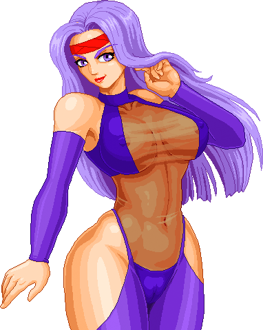 warner, rose mary, asura blade, lowres, breasts, cameltoe, covered erect nipples, headband, large breasts, looking at viewer, purple hair, simple background