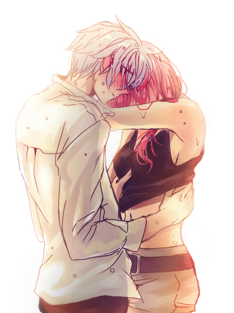 mizu no, hope estheim, lightning farron, final fantasy, final fantasy xiii, silver hair, bad id, bad pixiv id, 10s, 1boy, 1girl, aged up, clothes lift, couple, pink hair, shirt lift, sweat, undressing, wet