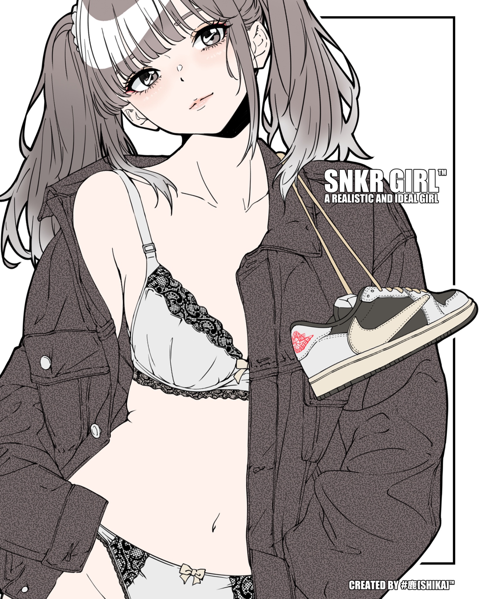 bambi surprise, original, highres, 1girl, artist name, blue bra, blue panties, bra, breasts, brown eyes, brown hair, brown jacket, jacket, looking at viewer, medium breasts, navel, panties, shoes, sneakers, solo, stomach, twintails, underwear, unworn shoes