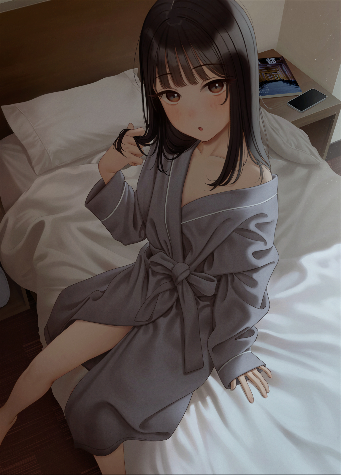 yukishima momo, original, commentary request, highres, paid reward available, variant set, 1girl, bathrobe, black hair, book, breasts, cellphone, from above, long sleeves, medium hair, on bed, phone, shadow, sitting, small breasts, smartphone, solo