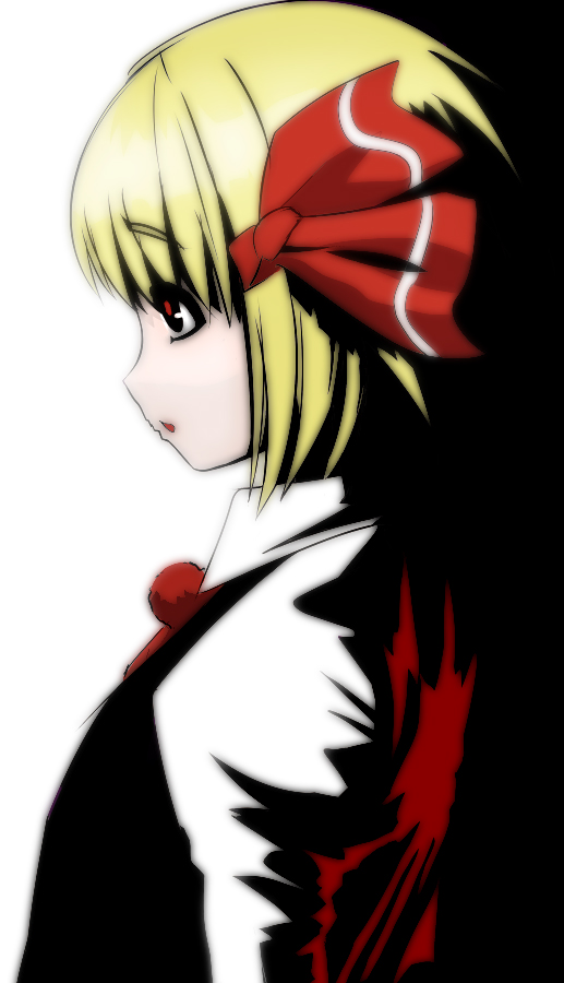 arugeri, rumia, embodiment of scarlet devil, touhou, 1girl, blonde hair, female focus, hair ribbon, profile, red eyes, ribbon, short hair, solo, white background