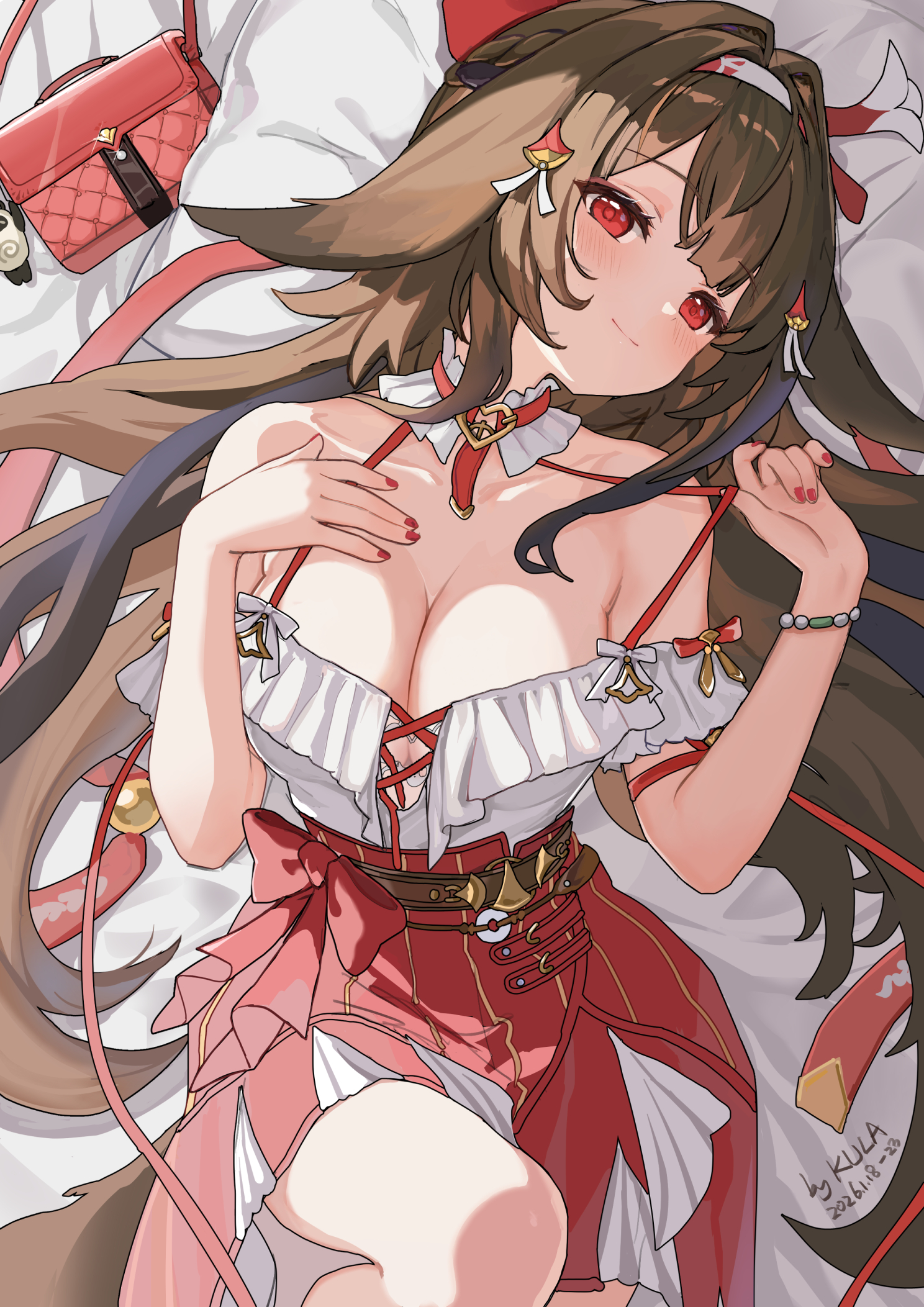 kkkula (kula), ye shunguang, ye shunguang (touch of dawnlight), zenless zone zero, check commentary, commentary request, highres, paid reward available, 1girl, artist name, bare shoulders, bed, blush, breasts, brown hair, cleavage, closed mouth, collarbone, dated, hair intakes, hair ornament, hairband, hand on own chest, large breasts, long hair, long skirt, looking at viewer, lying, nail polish, official alternate costume, on back, on bed, red bag, red nails, red skirt, shirt, shirt tucked in, skirt, smile, solo, very long hair, white hairband, white shirt
