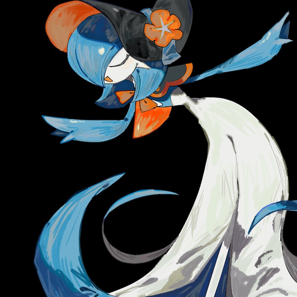 shicha (yagu), gardevoir, gardevoir (fashionable), nintendo, pokemon, pokemon unite, commentary request, alternate color, black background, blue hair, blue skin, bob cut, bonnet, closed eyes, colored skin, dress, flower, gen 3 pokemon, hat, hat flower, multicolored skin, pokemon (creature), shiny pokemon, simple background, two-tone skin, white dress, white skin