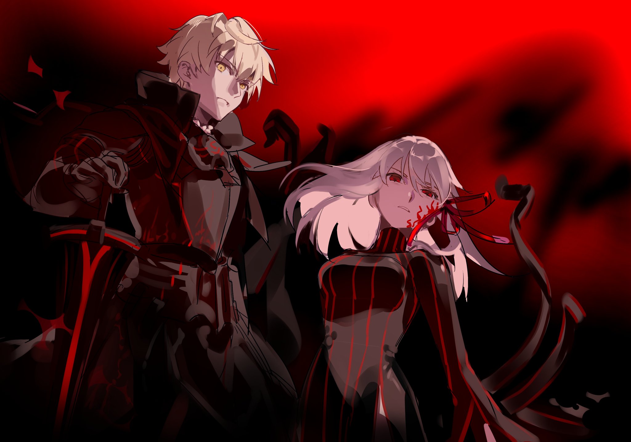 mamaru049949138, arthur pendragon (fate), arthur pendragon alter (fate), dark sakura, matou sakura, fate/prototype, fate/stay night, fate (series), commentary request, highres, 1girl, armor, blonde hair, breasts, corruption, dark persona, dress, facial mark, hair between eyes, hair ribbon, hand on hilt, long hair, long sleeves, looking at viewer, red background, red eyes, red ribbon, ribbon, short hair, striped clothes, striped dress, turtleneck, upper body, vertical-striped clothes, vertical-striped dress, white hair, yellow eyes