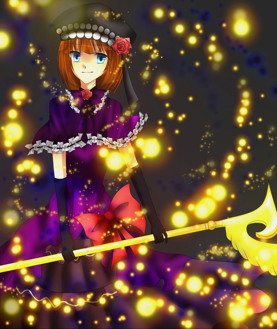 bi jun, eva beatrice, umineko no naku koro ni, bad id, bad pixiv id, 1girl, blue eyes, bow, bug, elbow gloves, female focus, fireflies, firefly, flower, gloves, hat, insect, orange hair, ribbon, rose, solo, staff