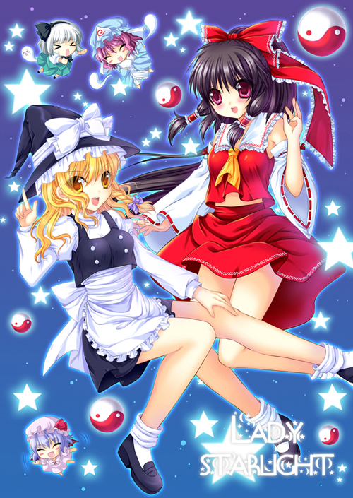 ratise, hakurei reimu, kirisame marisa, konpaku youmu, konpaku youmu (ghost), remilia scarlet, saigyouji yuyuko, touhou, silver hair, bad id, bad pixiv id, > <, 5girls, black hair, blonde hair, blue hair, blush stickers, bow, chibi, closed eyes, female focus, hair bow, hairband, hat, hat ribbon, multiple girls, pink hair, pointing, red eyes, ribbon, skirt, smile, star (symbol), yellow eyes