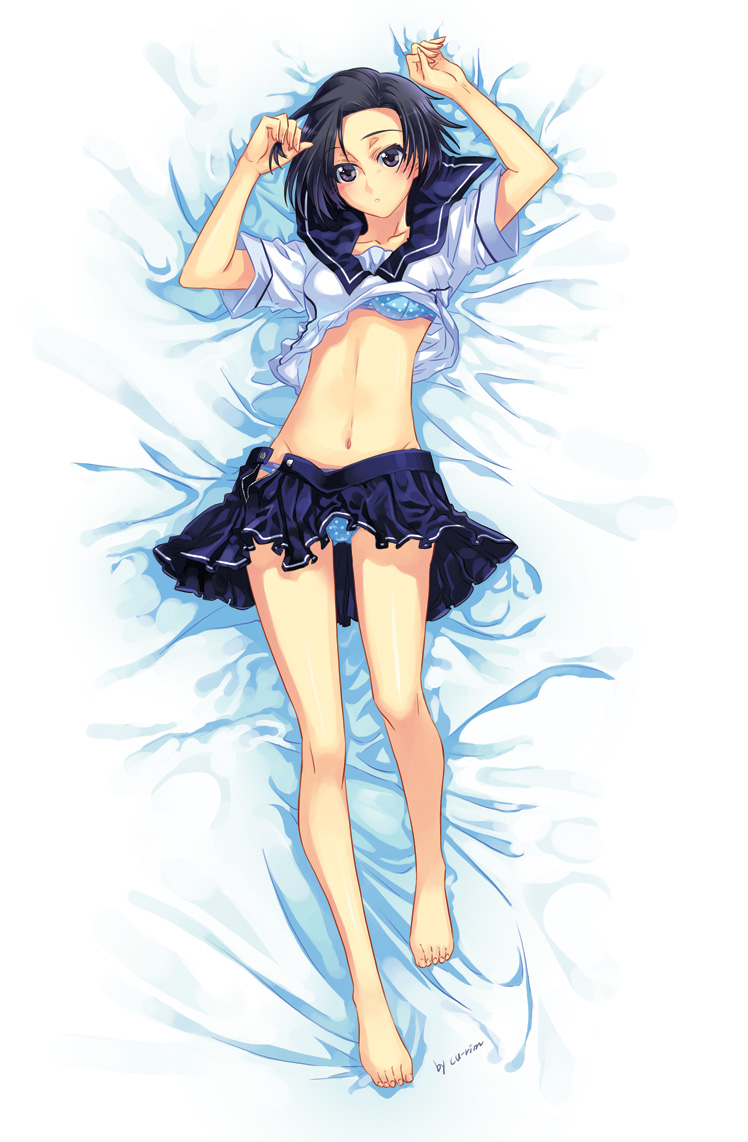 cu-rim, kobayakawa rinko, love plus, 1girl, barefoot, bra, clothes lift, dakimakura (medium), feet, female focus, groin, legs, lingerie, long legs, lying, midriff, navel, on back, panties, polka dot, polka dot bra, polka dot panties, school uniform, shirt lift, solo, underwear