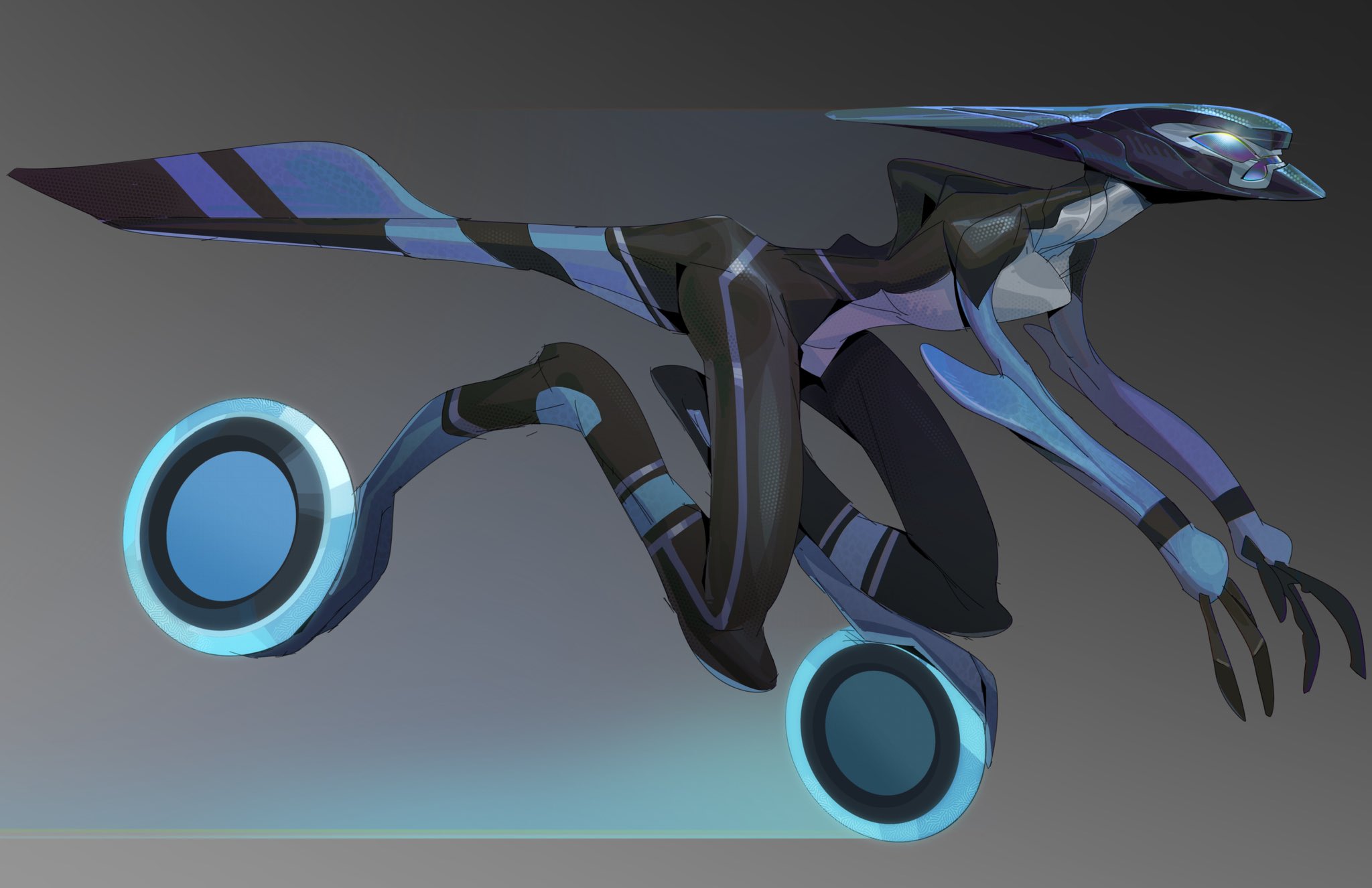 xlr8, ben 10, highres, 1boy, alien, alternate costume, assault visor, black bodysuit, blue skin, bodysuit, colored skin, digitigrade, from side, full body, glint, helmet, jzdraws, long arms, male focus, multicolored bodysuit, profile, redesign, reptile boy, running, solo, spines, striped tail, tail, two-tone bodysuit, white bodysuit