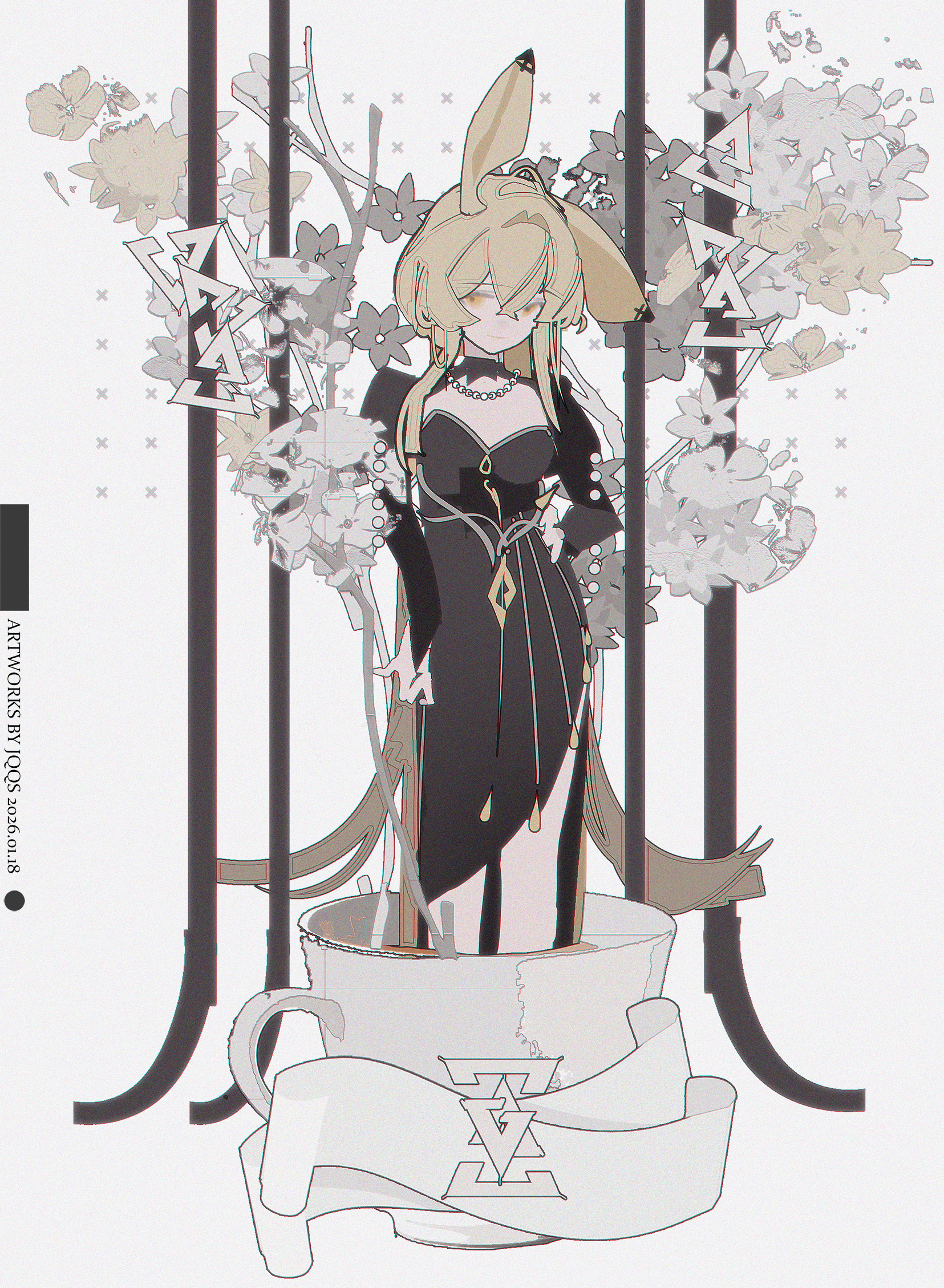 jqqs2002, dorothy (arknights), dorothy (hand of destiny) (arknights), arknights, chinese commentary, commentary request, highres, making-of available, 1girl, animal ears, artist name, black bridal gauntlets, black dress, blonde hair, breasts, bridal gauntlets, closed mouth, cup, dated, dress, full body, grey background, hair between eyes, hand on own hip, jewelry, long sleeves, looking at viewer, medium breasts, mouse ears, mouse girl, orange eyes, puffy sleeves, simple background, solo, standing