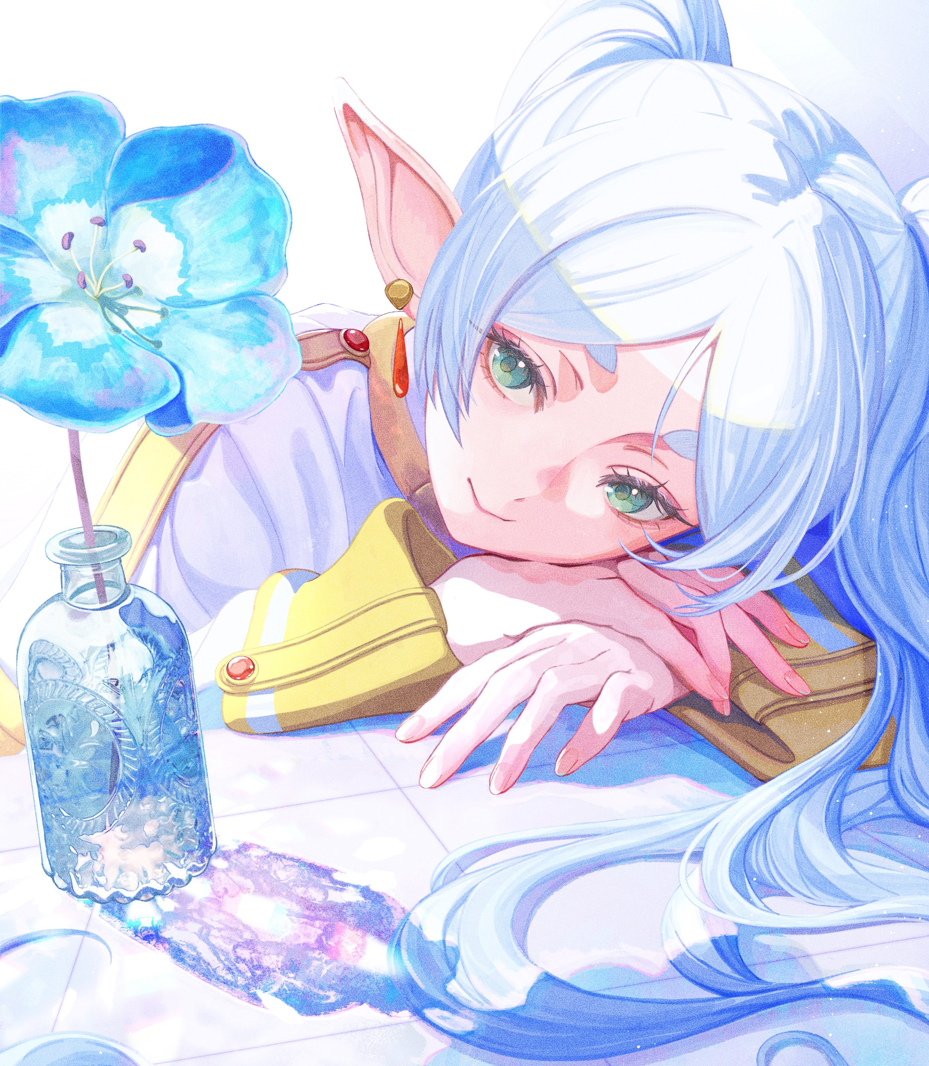 nakauma, frieren, sousou no frieren, absurdres, commentary, highres, symbol-only commentary, 1girl, blue flower, bottle, capelet, closed mouth, earrings, elf, flower, forget-me-not (flower), gold trim, green eyes, grey hair, head on hands, jacket, jewelry, long hair, parted bangs, pointy ears, smile, solo, thick eyebrows, twintails, upper body, white background, white capelet, white jacket
