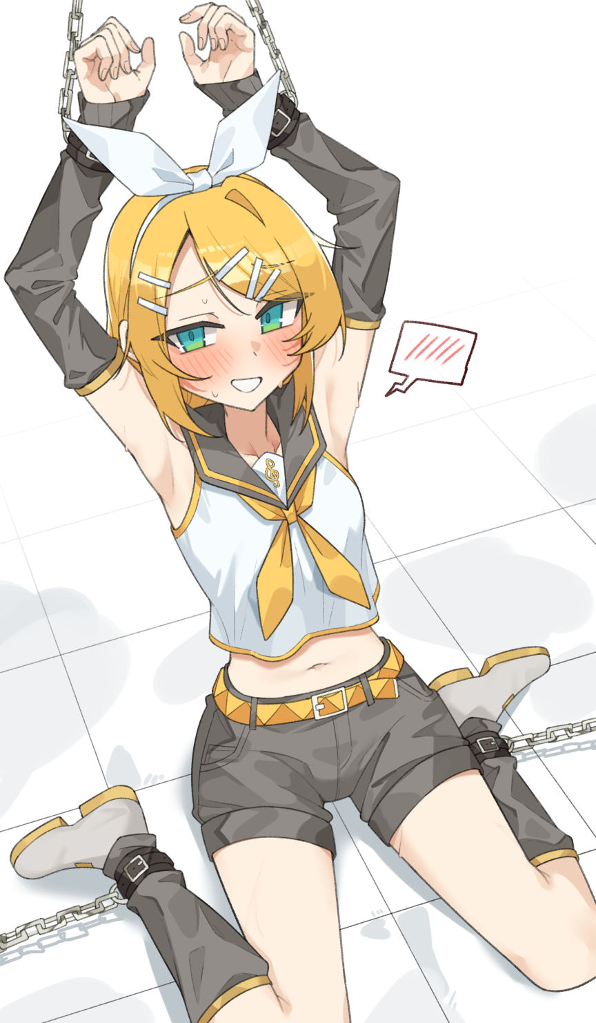 gukr4322, kagamine rin, vocaloid, commentary request, highres, 1girl, arm warmers, armpits, arms up, belt, black arm warmers, black leg warmers, black sailor collar, black shorts, blonde hair, blush, bound, bound ankles, bound wrists, breasts, chain, crop top, green eyes, grey shoes, grin, hair ornament, hairband, hairclip, leg warmers, looking at viewer, midriff, navel, on floor, sailor collar, shirt, shoes, short hair, short shorts, shorts, sitting, sleeveless, sleeveless shirt, small breasts, smile, solo, spoken blush, wariza, white background, white hairband, white shirt, yellow belt