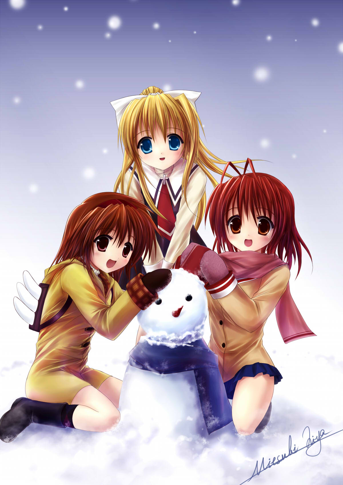 mitsuki riya, shimotsukiriya, furukawa nagisa, kamio misuzu, tsukimiya ayu, air (visual novel), clannad, kanon, key (company), bad id, bad pixiv id, highres, 00s, 3girls, antenna hair, backpack, bag, blonde hair, blue eyes, brown eyes, brown hair, company connection, crossover, long hair, mittens, multiple girls, ponytail, randoseru, scarf, short hair, signature, smile, snow, snowman