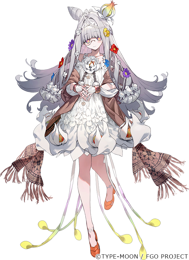 bukurote, fate/grand order, fate (series), commentary request, official art, 1girl, blue flower, blush, brown scarf, collarbone, cone hair bun, copyright notice, dress, flora (fate), flower, green eyes, grey hair, hair bun, hair flower, hair ornament, long hair, looking at viewer, orange shoes, purple flower, red flower, scarf, shoes, solo, symbol-shaped pupils, white dress, yellow flower