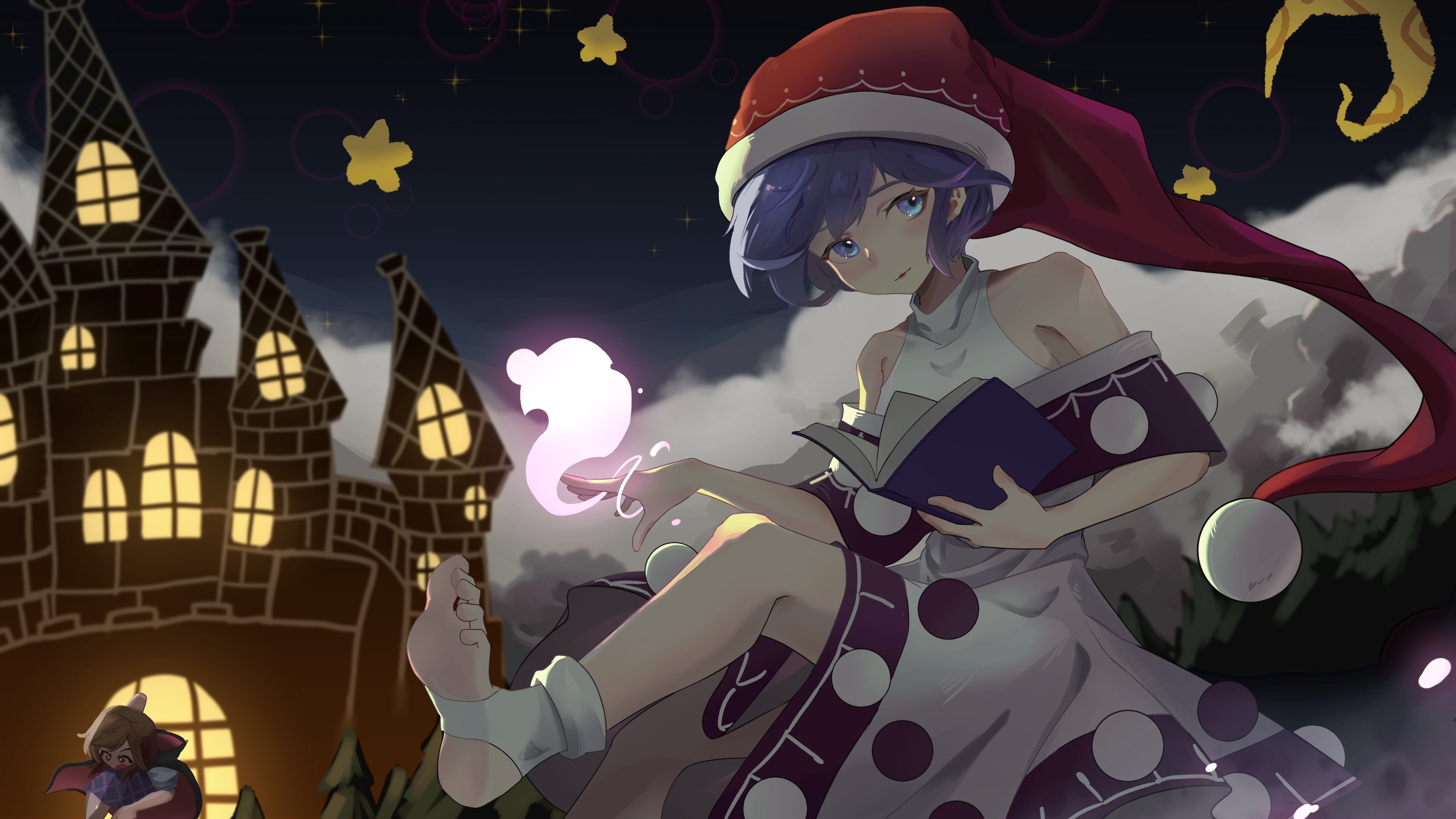 doremy sweet, usami sumireko, touhou, absurdres, commentary request, highres, blue eyes, blue hair, book, castle, dress, hat, kia69, multicolored dress, nightcap, red hat, socks, star (sky), white socks