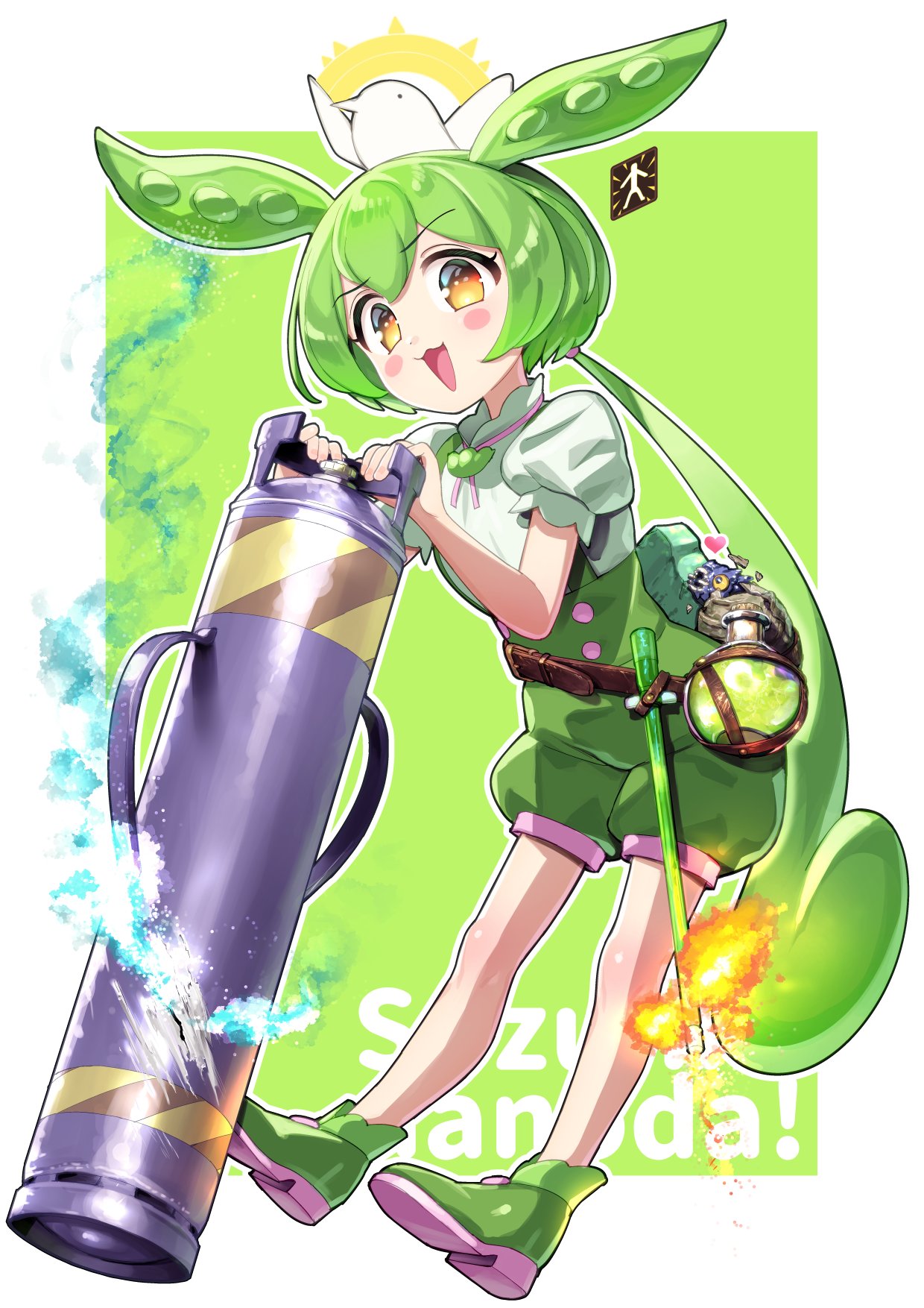 zundamon, noita, original, voiceroid, voicevox, artist request, commentary request, highres, second-party source, 1girl, :3, belt, bird, blush, boots, brooch, buttons, frilled sleeves, frills, full body, gift art, green boots, green hair, green shorts, green suspenders, heart, holding, holding propane tank, jewelry, long hair, looking at viewer, low ponytail, neck ribbon, open mouth, pea pod, pink ribbon, ponytail, potion, propane tank, puffy short sleeves, puffy sleeves, ribbon, shirt, short sleeves, shorts, sidelocks, simple background, stone tablet, suspenders, wand, white shirt, worm, yellow eyes
