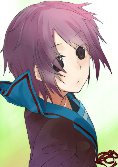 jin (crocus), nagato yuki, suzumiya haruhi no yuuutsu, bad id, bad pixiv id, brown eyes, cardigan, purple hair, school uniform, serafuku, short hair, solo