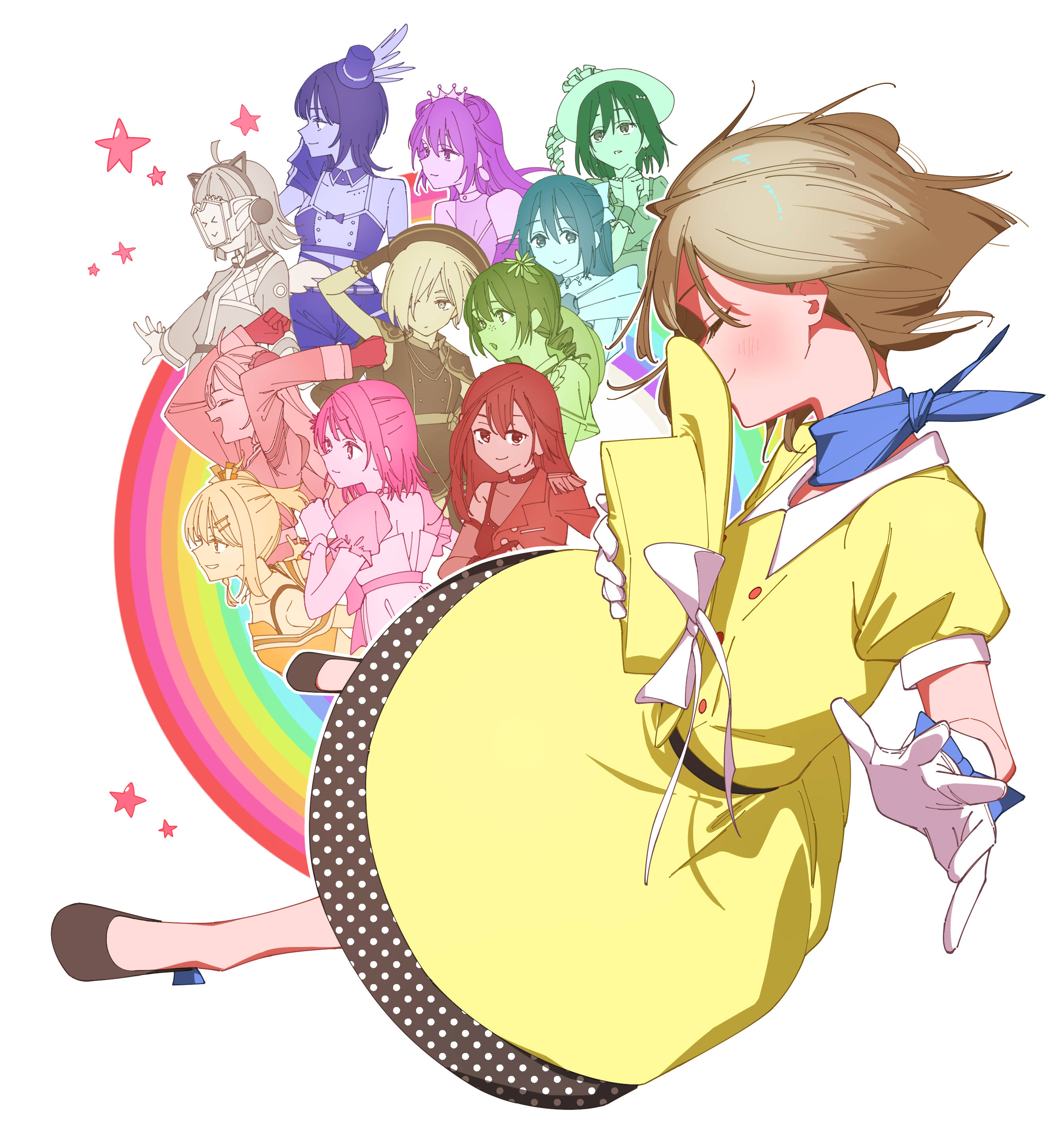 haruruhaharur, asaka karin, emma verde, konoe kanata, mia taylor, mifune shioriko, miyashita ai, nakasu kasumi, osaka shizuku, tennoji rina, uehara ayumu, yuki setsuna, zhong lanzhu, love live!, love live! nijigasaki high school idol club, absurdres, commentary request, highres, 6+girls, awakening promise (love live!), blue neckerchief, blush, bow, brown hair, butterfly (love live!), closed eyes, closed mouth, dive! (love live!), dress, emotion (love live!), eutopia (love live!), gloves, hat, hat bow, holding, holding unworn clothes, holding unworn hat, la bella patria (love live!), multiple girls, neckerchief, official alternate costume, polka dot, poppin' up! (love live!), saiko heart (love live!), short hair, short sleeves, smile, solitude rain (love live!), star (symbol), stars we chase (love live!), tsunagaru connect (love live!), unworn hat, unworn headwear, vivid world (love live!), white bow, white gloves, yellow dress, yellow hat