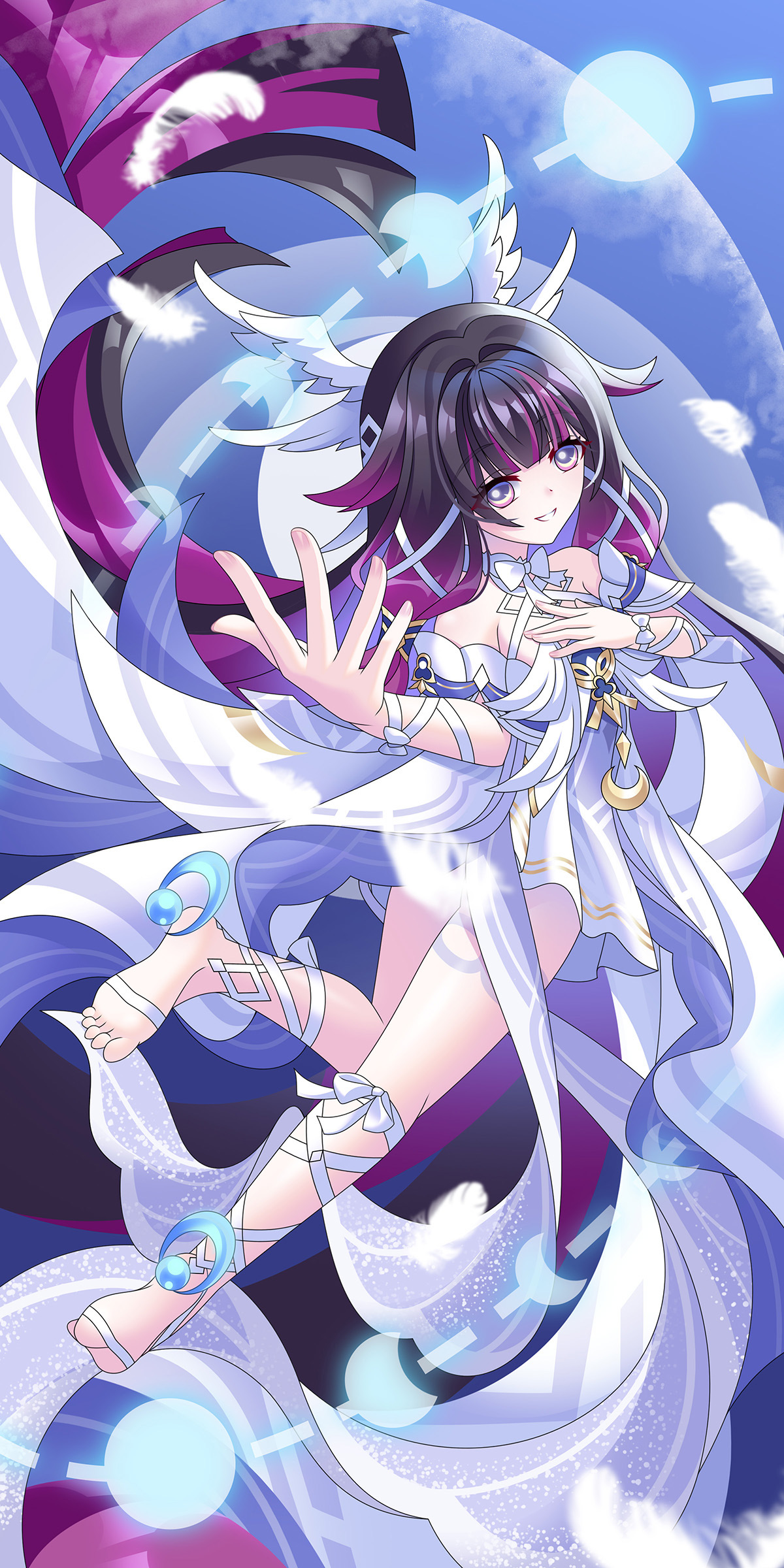 columbina (genshin impact), genshin impact, absurdres, chinese commentary, commentary request, highres, 1girl, bare shoulders, barefoot, black hair, colored inner hair, dress, full body, gradient hair, hair ornament, long hair, looking at viewer, multicolored hair, purple eyes, purple hair, smile, solo, streaked hair, white dress, wing hair ornament, wings, x hair ornament, xingjiang zahuopu