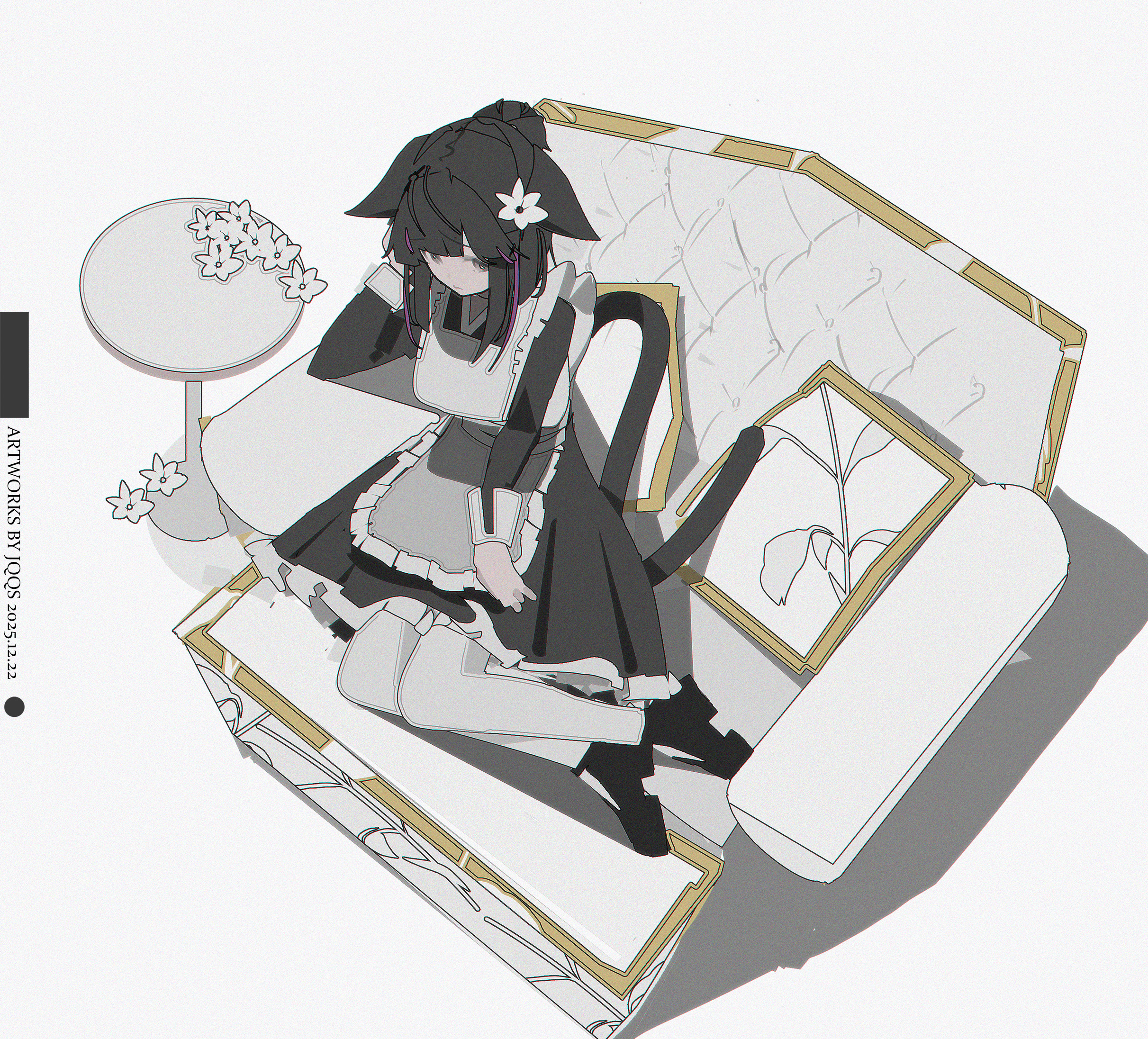 jqqs2002, jessica (arknights), jessica the liberated (arknights), arknights, chinese commentary, commentary request, highres, making-of available, 1girl, alternate costume, animal ears, apron, arm support, artist name, black dress, black hair, black shoes, brown eyes, closed mouth, couch, dated, dress, enmaided, flower, frilled apron, frilled dress, frills, full body, grey apron, hair flower, hair ornament, long hair, long sleeves, looking at viewer, maid, multicolored hair, on couch, pantyhose, pillow, purple hair, purple streaks, shoes, sidelocks, sitting, solo, tail, two-tone hair, white flower, white pantyhose, yokozuwari