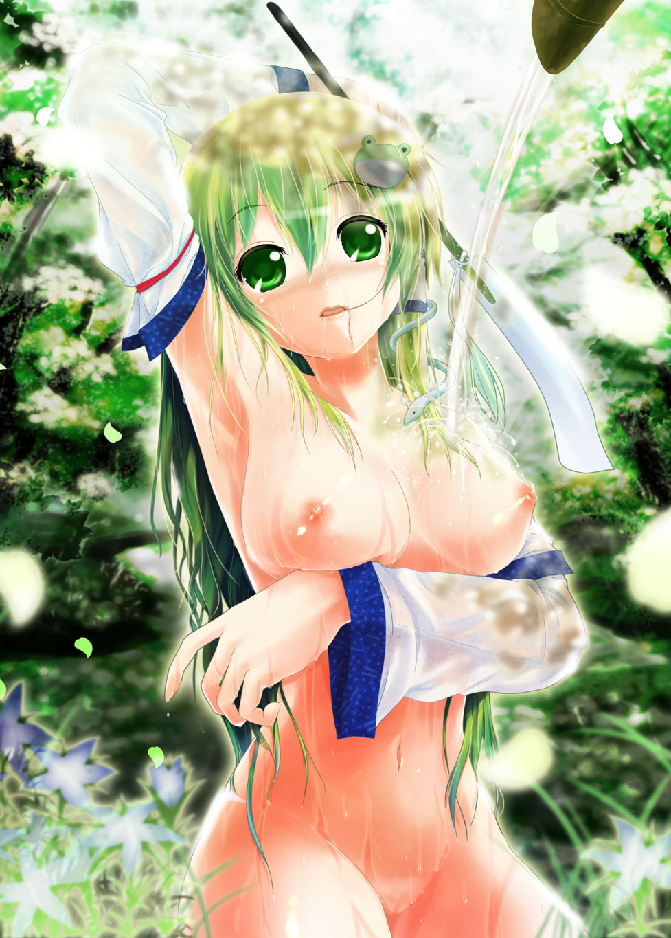 porurin (do-desho), kochiya sanae, touhou, highres, 1girl, armpits, breasts, cowboy shot, detached sleeves, female focus, frog, green eyes, green hair, hair in own mouth, hair ornament, large breasts, long hair, matching hair/eyes, mouth hold, nipples, nude, pussy, snake, solo, uncensored, water, wet