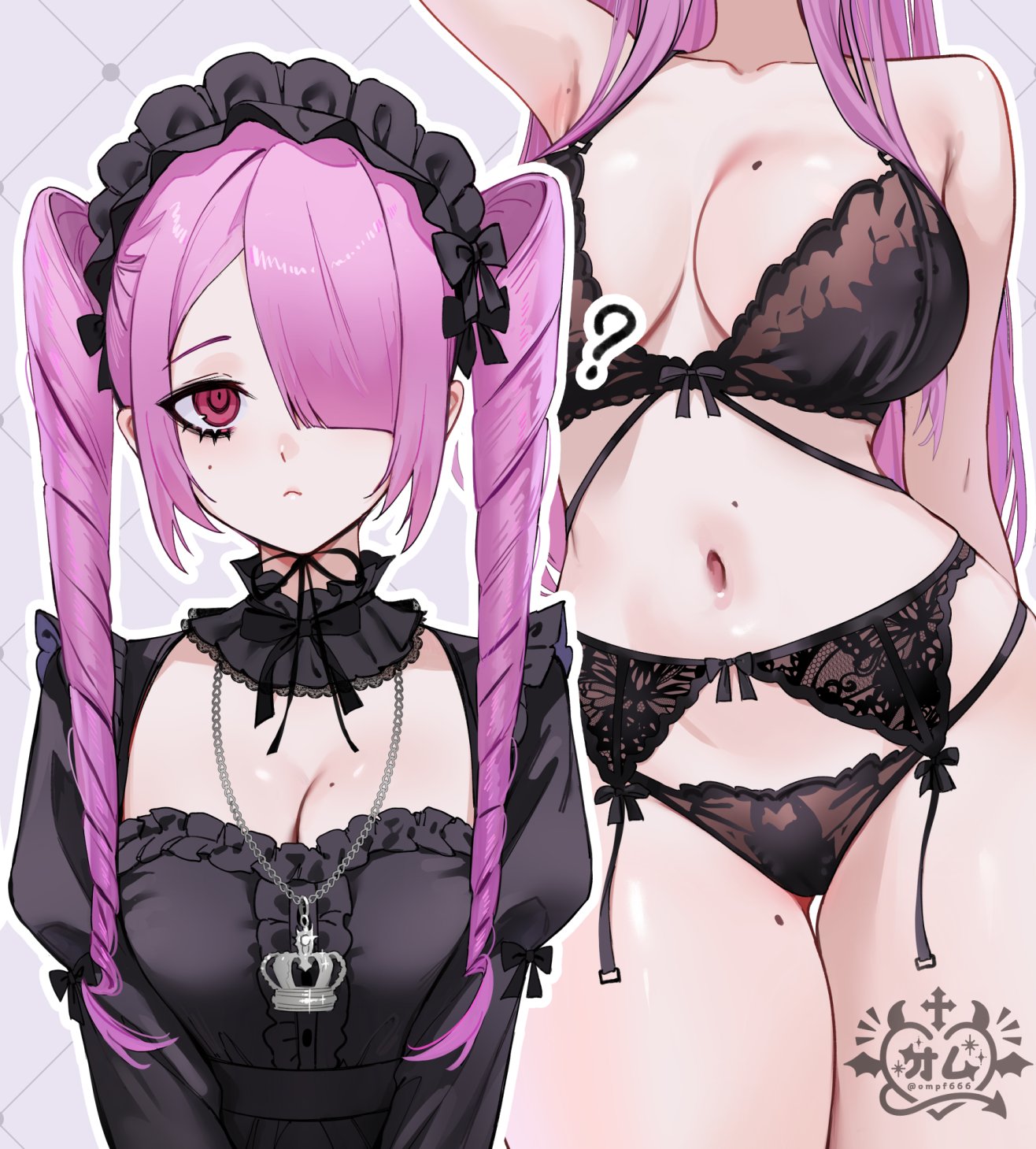 ompf, original, highres, 1girl, black bra, black dress, black headdress, black panties, bra, breasts, cleavage, dress, drill hair, garter belt, gothic lolita, hair over one eye, jewelry, juliet sleeves, large breasts, lingerie, lolita fashion, long hair, long sleeves, mole, mole on breast, multiple views, navel, necklace, panties, pink hair, puffy sleeves, red eyes, twin drills, underwear