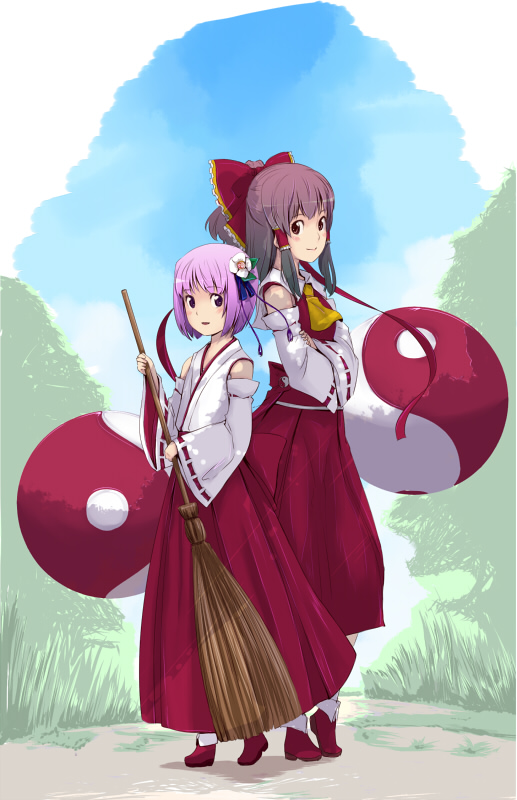 gustav (telomere na), hakurei reimu, hieda no akyuu, touhou, 2girls, bow, broom, brown eyes, brown hair, cosplay, detached sleeves, female focus, hair bow, hair tubes, hakurei reimu (cosplay), japanese clothes, miko, multiple girls, purple hair