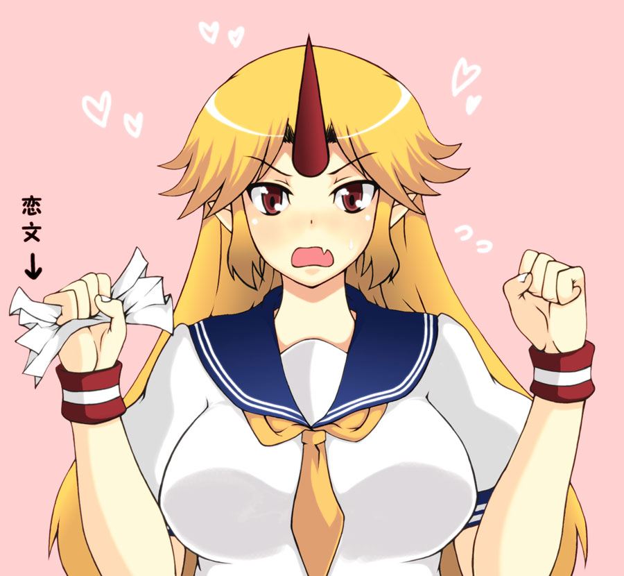 eichikei (raiexcat), hoshiguma yuugi, touhou, bad id, bad pixiv id, translated, 1girl, alternate costume, female focus, horns, letter, love letter, school uniform, serafuku, single horn, solo