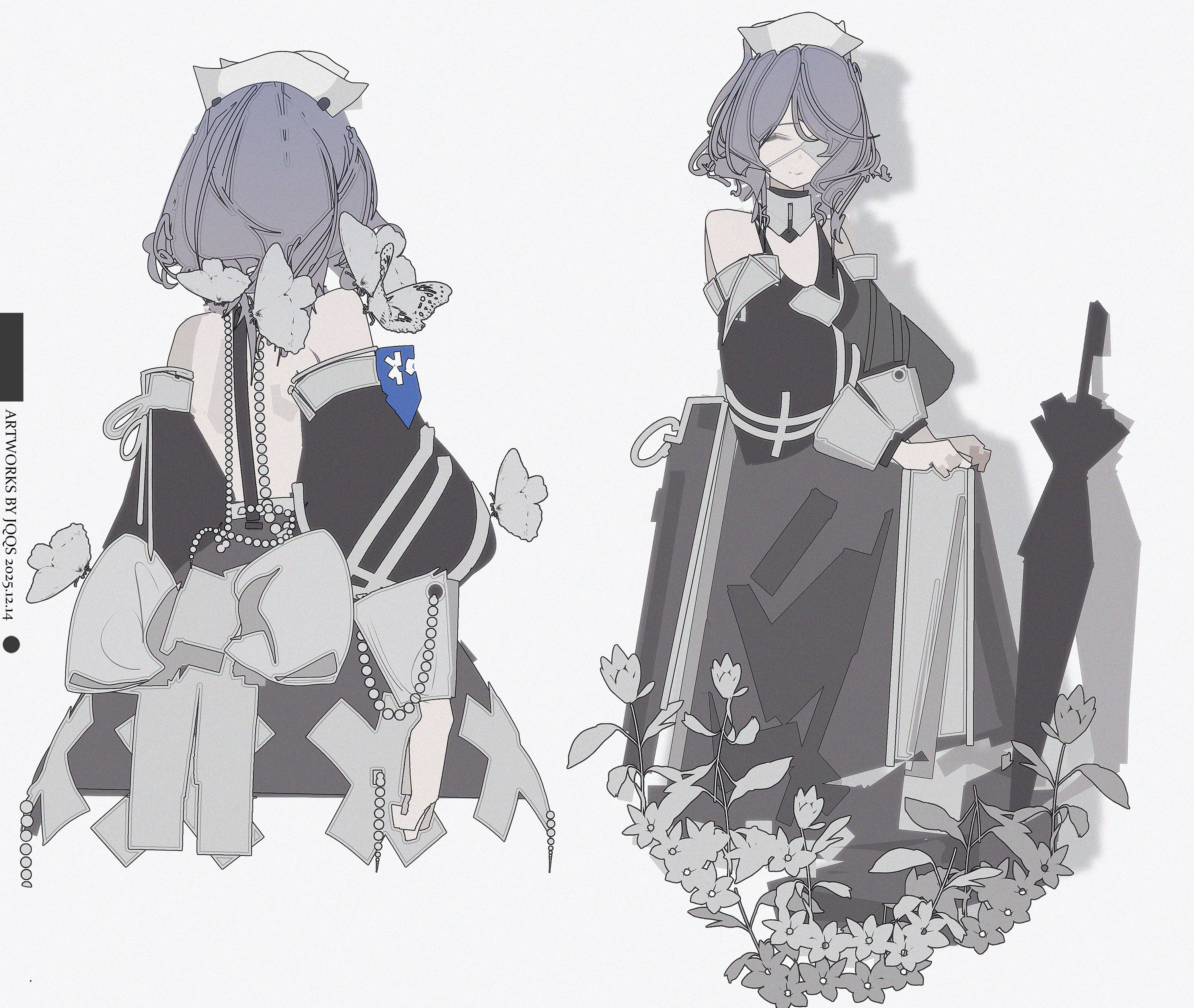 jqqs2002, whisperain (arknights), arknights, absurdres, commentary request, highres, making-of available, 1girl, artist name, bare back, bare shoulders, black dress, black sleeves, closed eyes, closed mouth, closed umbrella, cropped legs, dated, detached sleeves, dress, drop shadow, eyepatch, flower, from behind, grey background, grey butterfly, grey hair, grey ribbon, hat, light smile, medium hair, multiple views, simple background, skirt hold, solo, umbrella, white hat