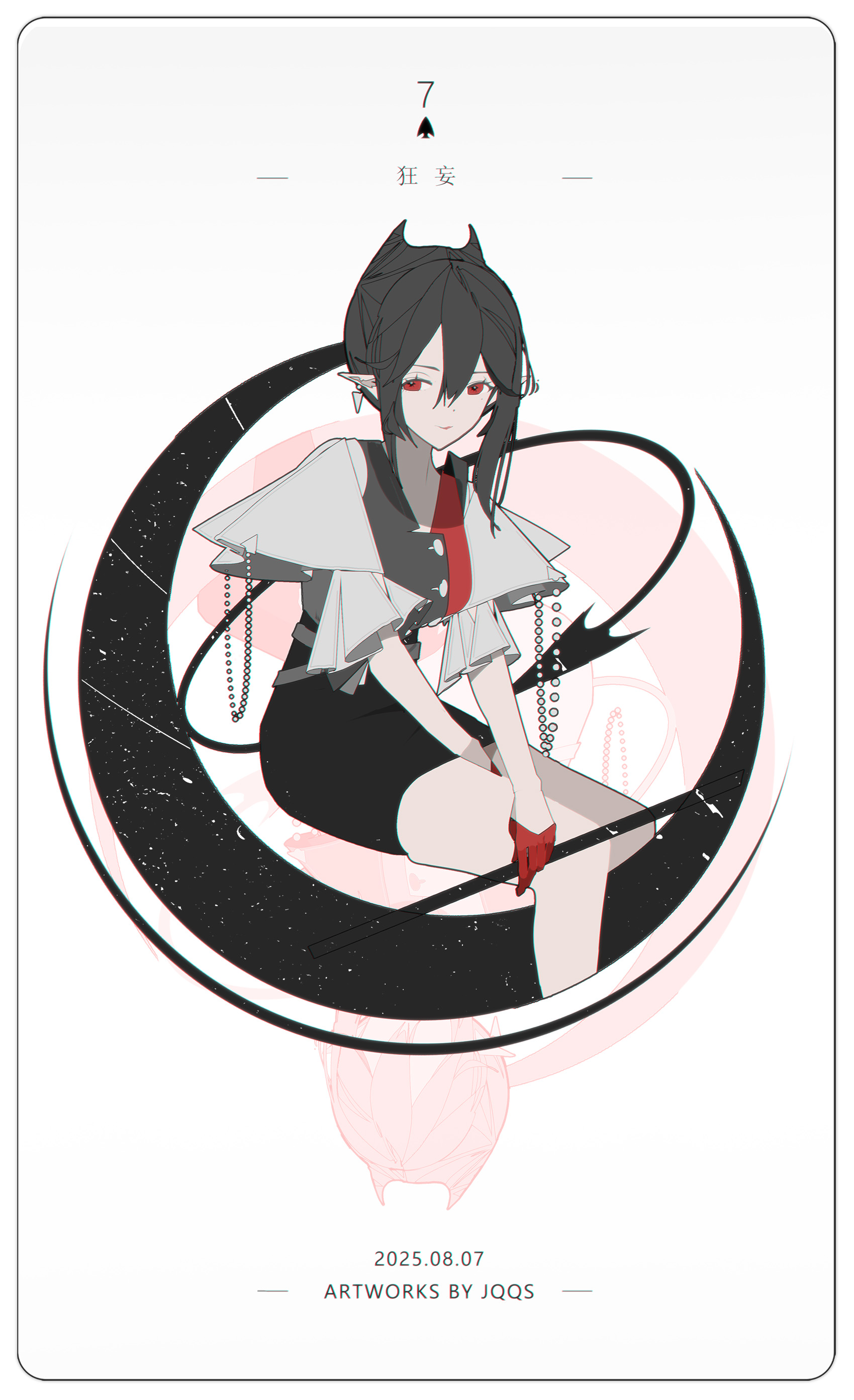 jqqs2002, entelechia (arknights), arknights, absurdres, chinese commentary, commentary request, highres, making-of available, translation request, 1girl, alternate costume, artist name, black hair, black skirt, closed eyes, cropped legs, dated, dot nose, earrings, gloves, hair between eyes, hair horns, jewelry, looking at viewer, pointy ears, red eyes, red gloves, shirt, short hair, short sleeves, sidelocks, simple background, sitting, skirt, solo, white background, white shirt