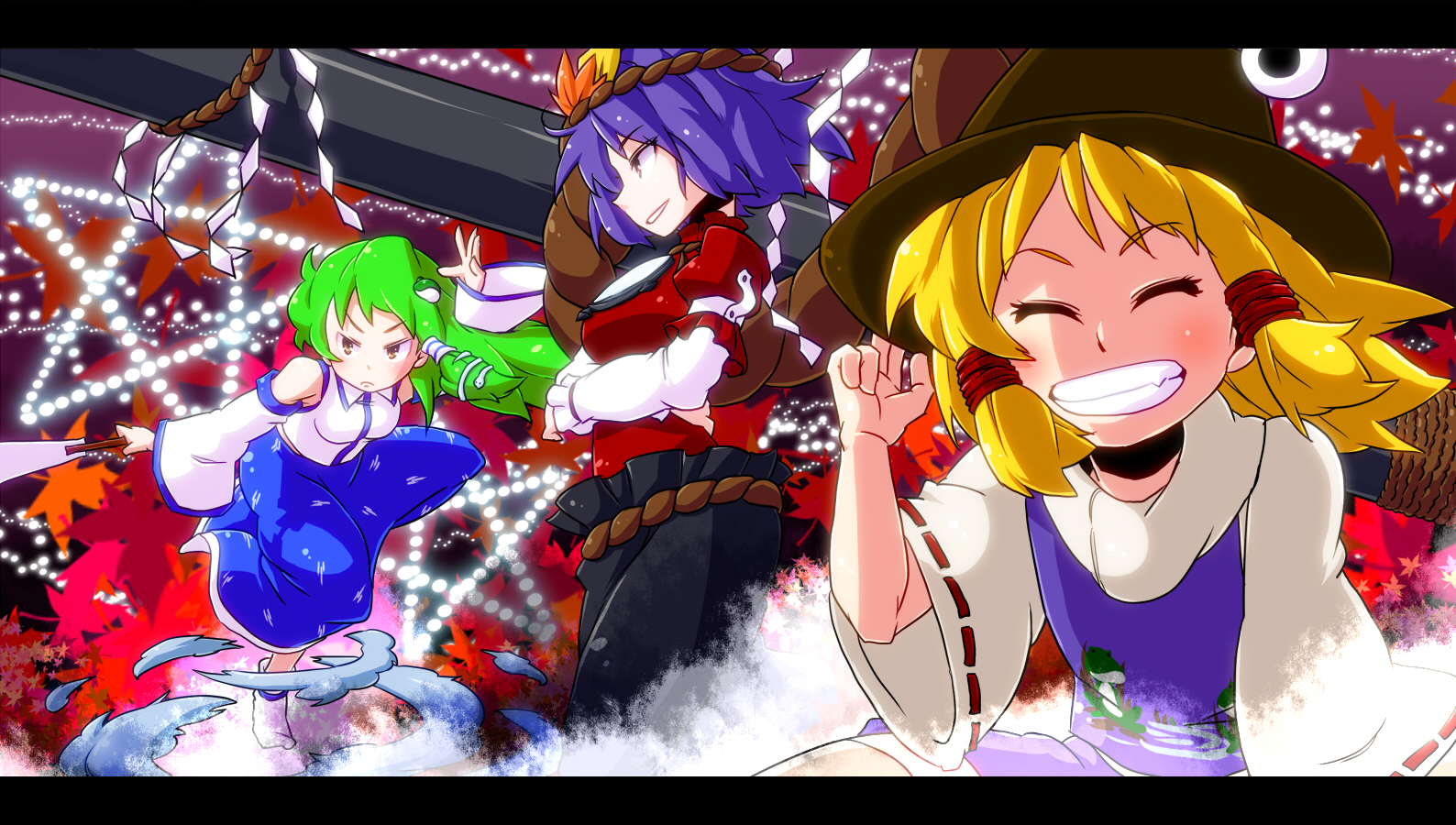 aono3, kochiya sanae, moriya suwako, yasaka kanako, touhou, 3girls, closed eyes, female focus, grin, letterboxed, multiple girls, smile
