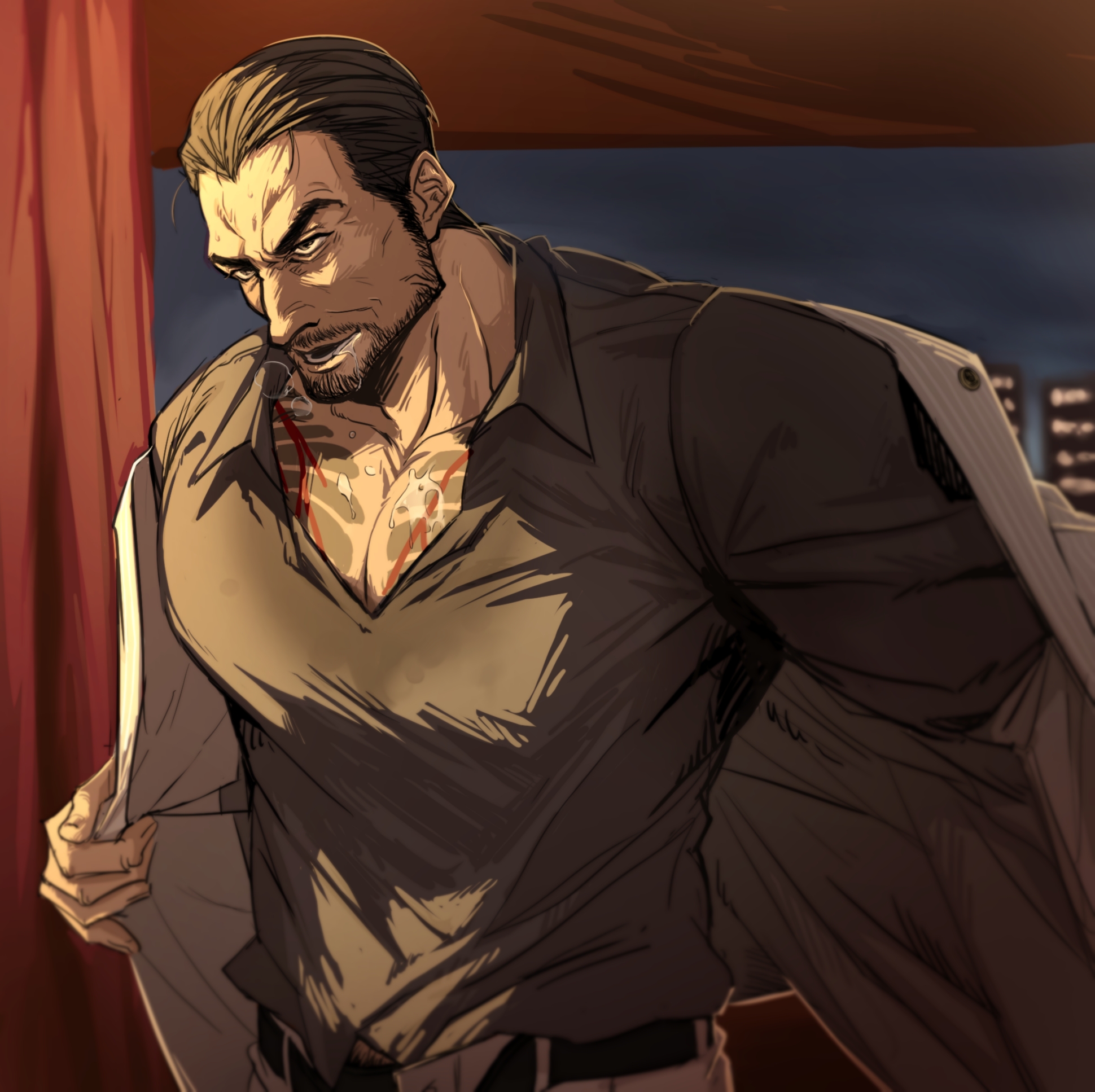 ryuu ga gotoku (series), ryuu ga gotoku 1, character request, commentary request, highres, korean commentary, 1boy, angry, bara, breath, collared shirt, cowboy shot, dressing, drooling, eomul geon15848, formal clothes, frown, hair slicked back, indoors, jacket, large pectorals, male focus, mature male, muscular, muscular male, open clothes, open jacket, pectoral cleavage, pectorals, saliva, shirt, solo, standing, suit, thick eyebrows, undressing, veiny face, yakuza